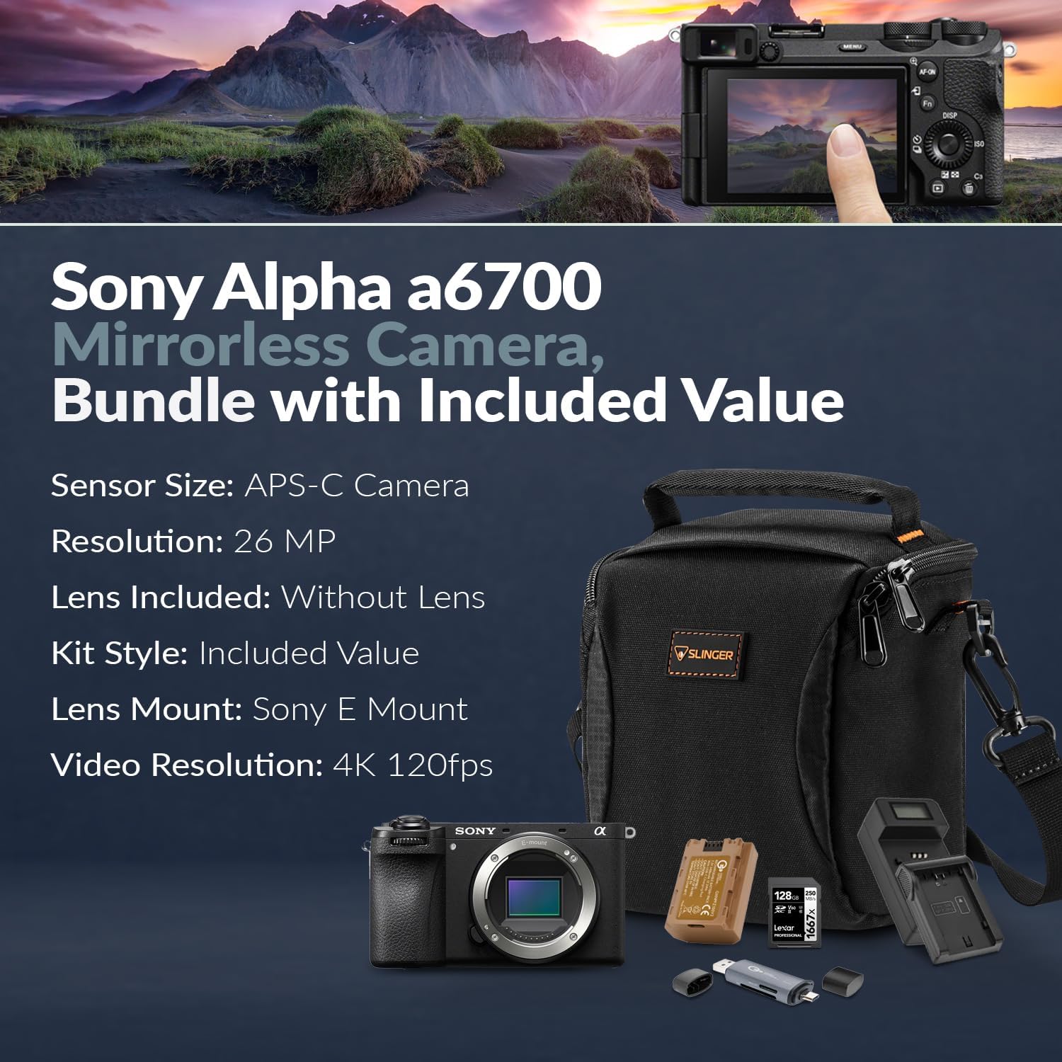 Sony Alpha a6700 Mirrorless Camera Body Bundle with 128GB SD Card, Shoulder Bag, Extra Battery, Charger, Card Reader, Sony 1 Year Limited Warranty