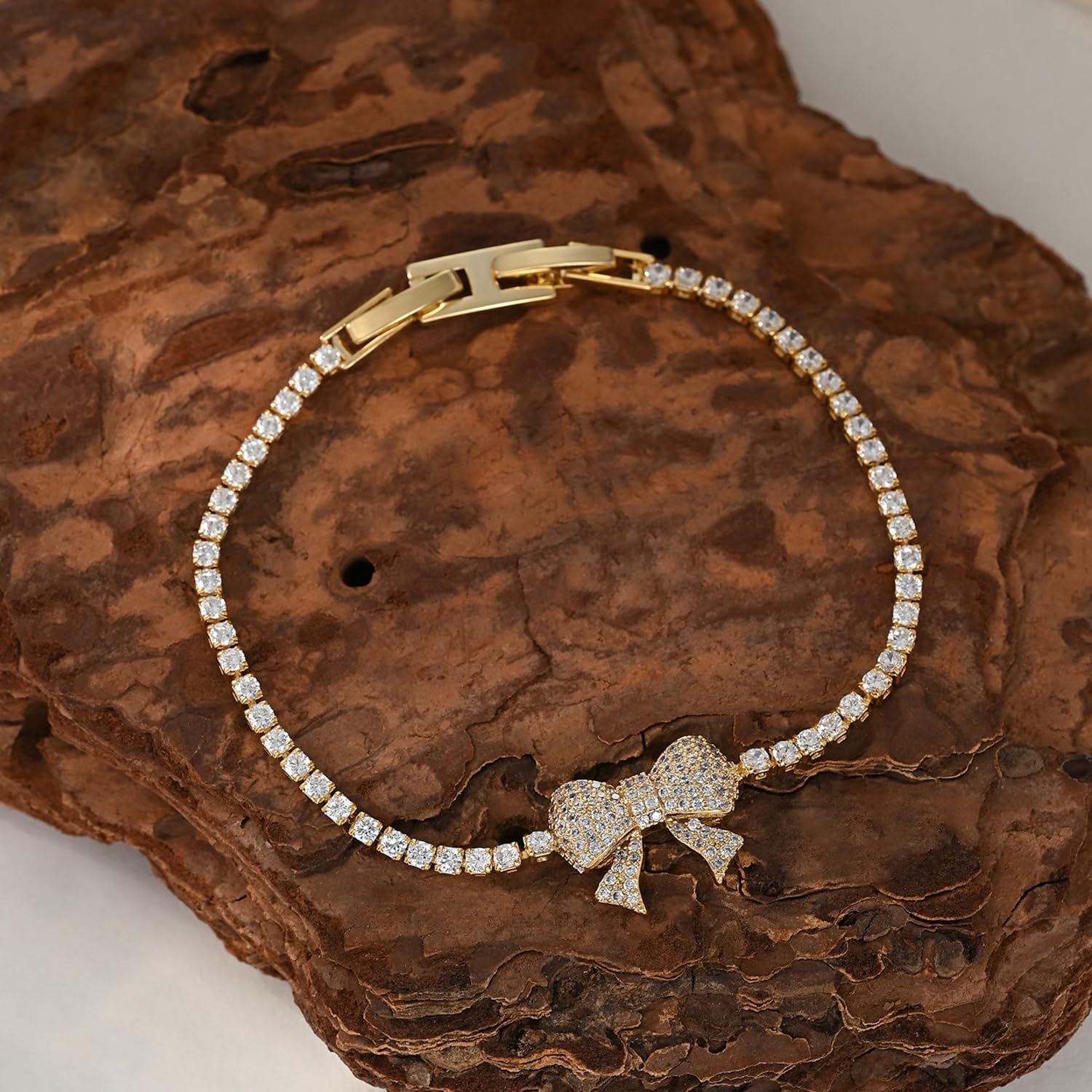 Rhinestone Bow Tennis Bracelet 14K Golden Plated Bow Knot Ribbon Crystal Cubic Zirconia Dainty Wrist Bracelets for Women Brides Stackable Fashion Cute Christmas Birthday Jewelry Wedding Prom