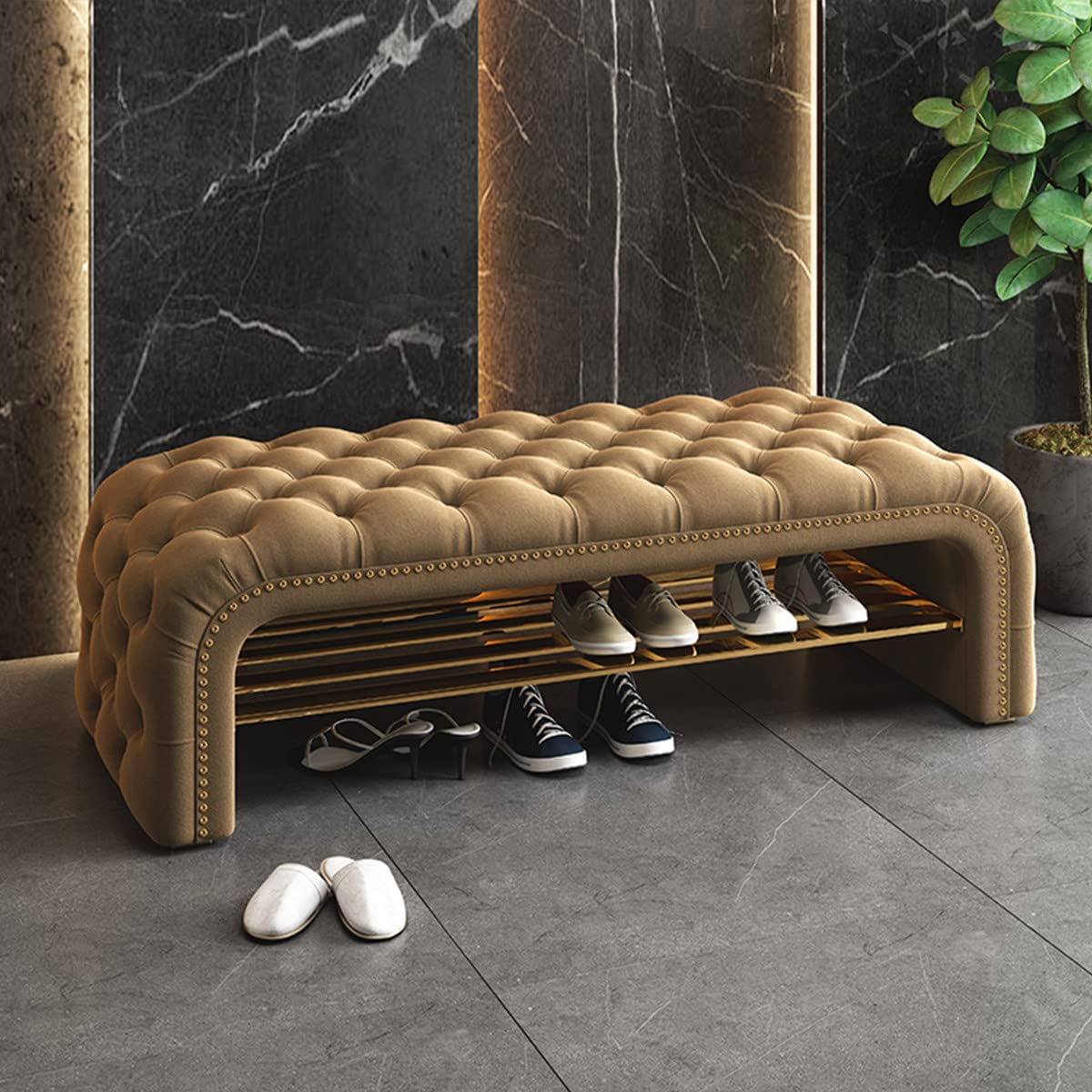 LWJSOCP Luxury Button Tufted Entryway Bench Velvet Upholstered Shoe Storage Modern Comfortable Bench for Bedroom 100x40x45 cm Stylish & Functional Furniture