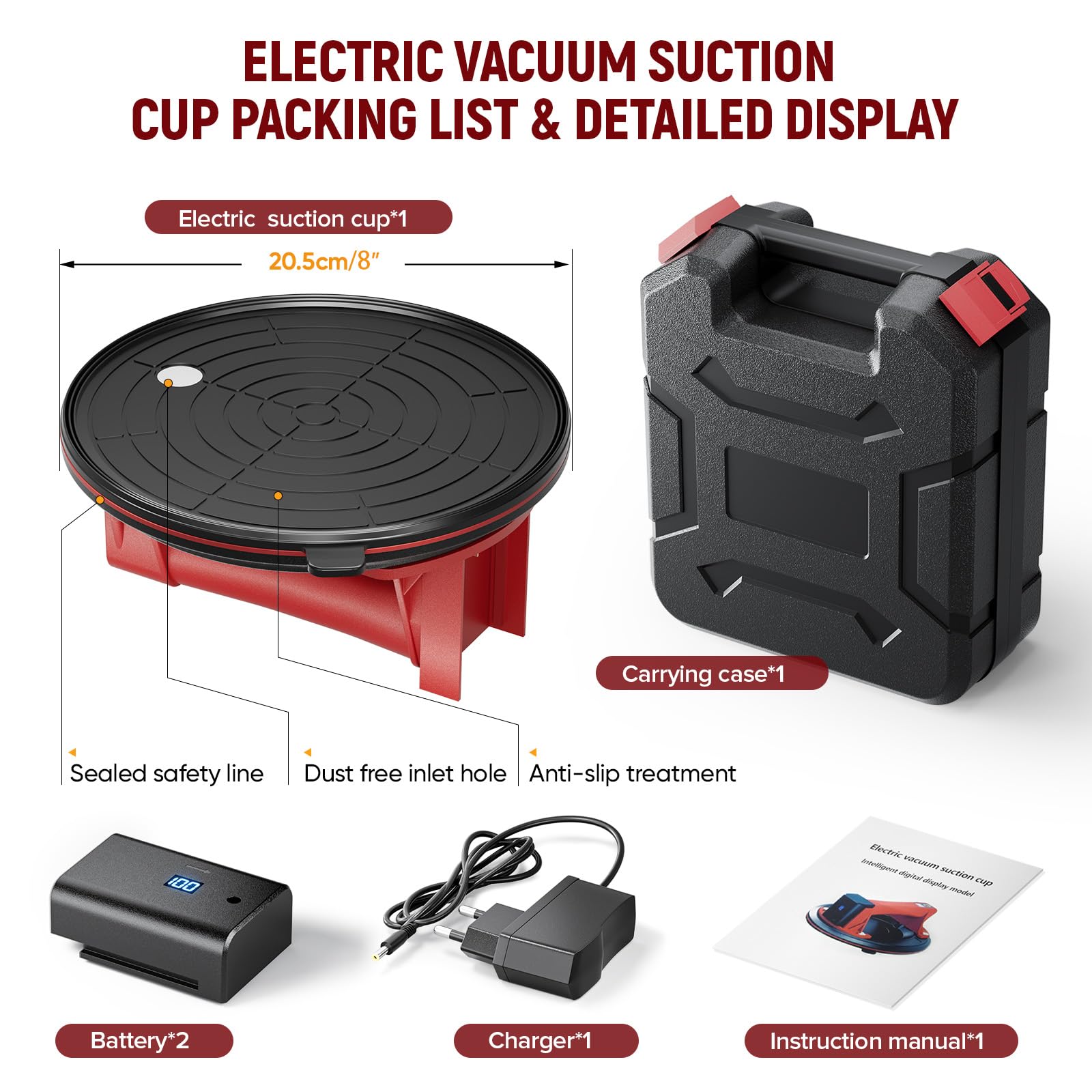 Ventosa elettrica Diametro 20,5 cm Ventosa per piastrelle Capacità Carico 300 Kg 8 inch Ventosa di vetro con 2 Batterie per Vetro, Piastrelle, Marmo