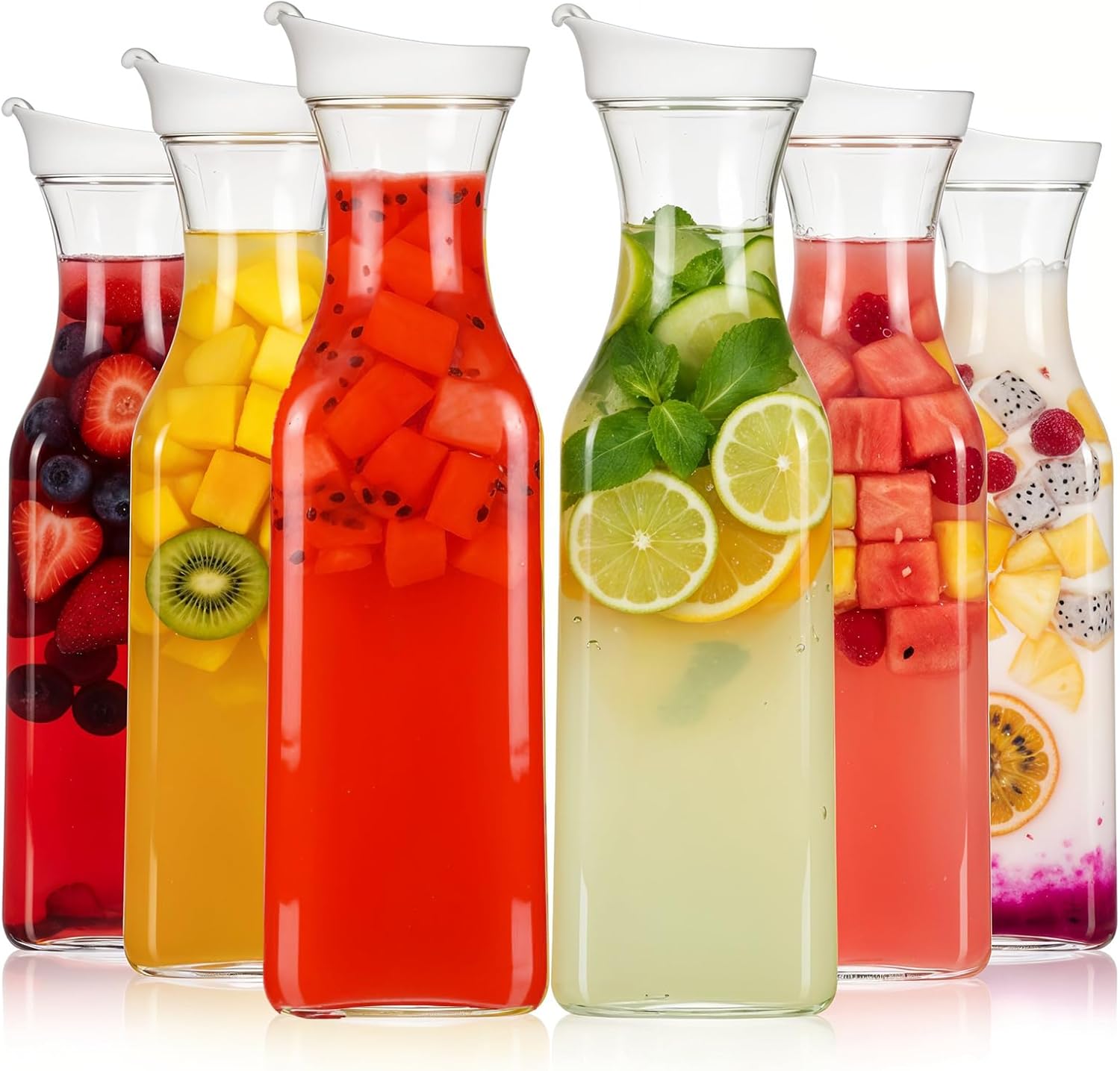 Kifmurase 6 Pack Plastic Carafe with Lids for Mimosa Bar, 1 Liter Square Base Juice Containers, Water Bottle, Milk Container, Party Drinks, Clear Beverage Containers for Fridge Mimosa Bar Supplies