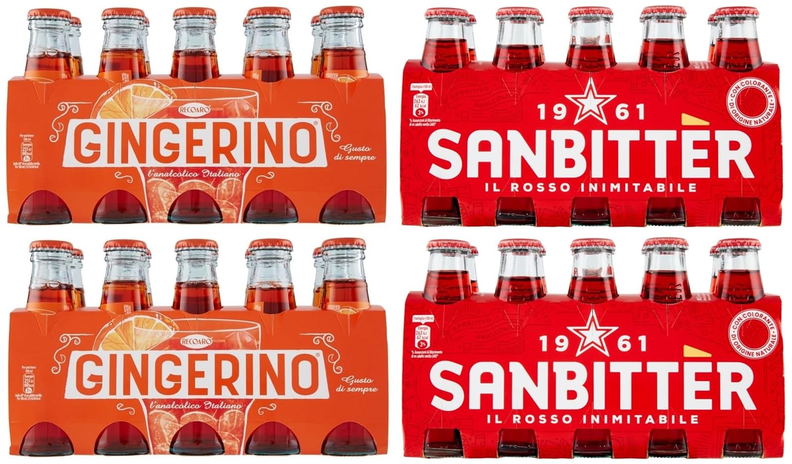 40er-Pack Testpaket San Bitter Rosso + Gingerino Recoaro Erfrischendes alkoholfreies Getränk,Italienischer Aperitif,Ginger 10cl Einweg-Glasflasche