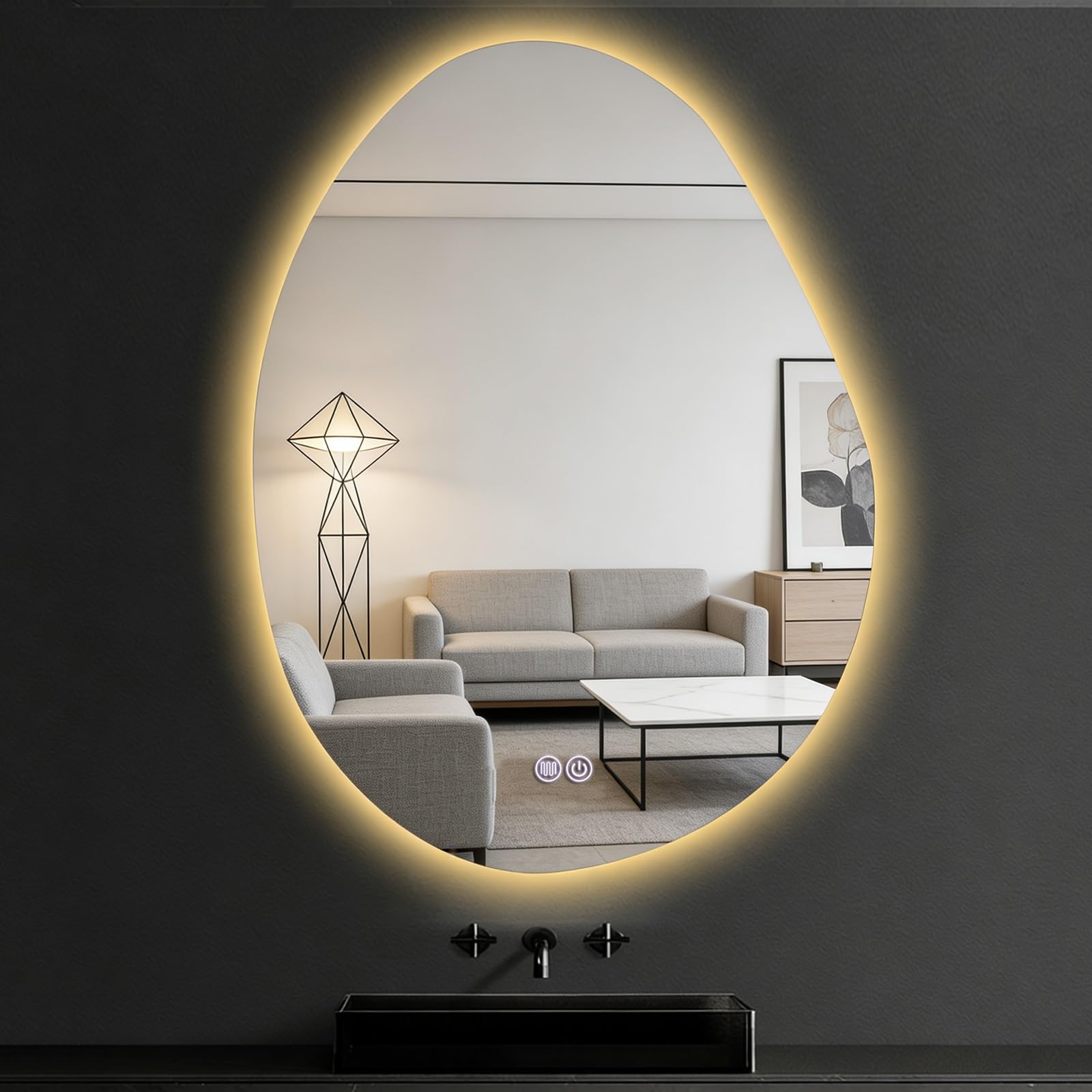 SXFSDOU Dimmable Illuminated Bathroom Mirror with Anti-Fog, Touch Control, LED Light, Irregular Design