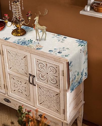 Miniatura 4 de Camino de mesa de Navidad azul de 108 pulgadas de largo, eucalipto de algodón y lino, camino de mesa de arpillera para tocador, comedor, fiesta,