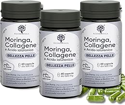 Collagene Marino e Acido Ialuronico con Rame, Zinco, Biotina, Vitamina A, B2, B3, C e Moringa Bio | Integratore per Pelle e le Articolazioni | Antirughe | Prodotto in Italia RedMoringa® (180 Capsule)