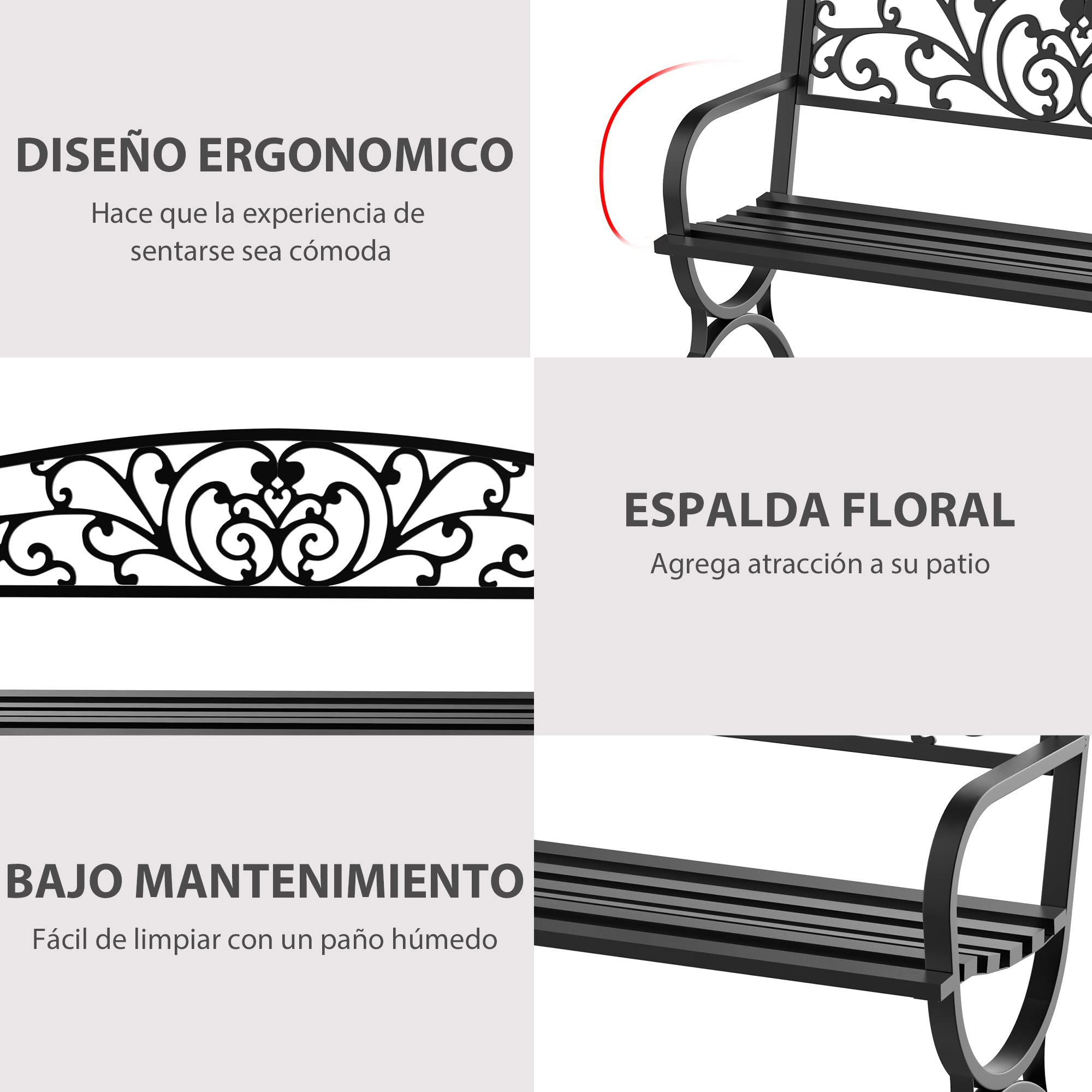 Outsunny Banco de Jardín de 2 Plazas Banco de Terraza de Hierro con Diseño Clásico Patrón Floral Carga 240 kg 127x60x85cm Negro