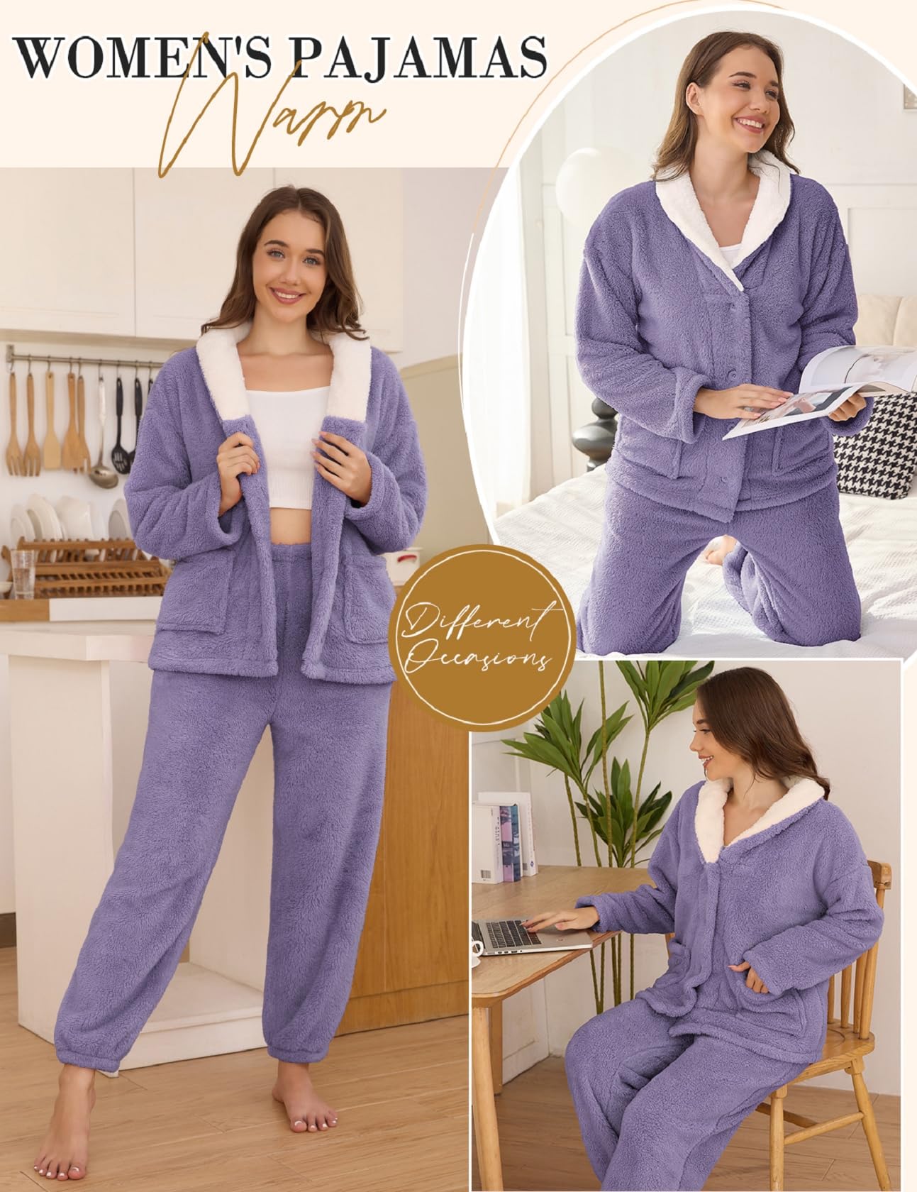 Ensemble de pyjama pelucheux pour femme en polaire douce 2 pièces – Chemise de nuit chaude et moelleuse – Vêtement de nuit en peluche