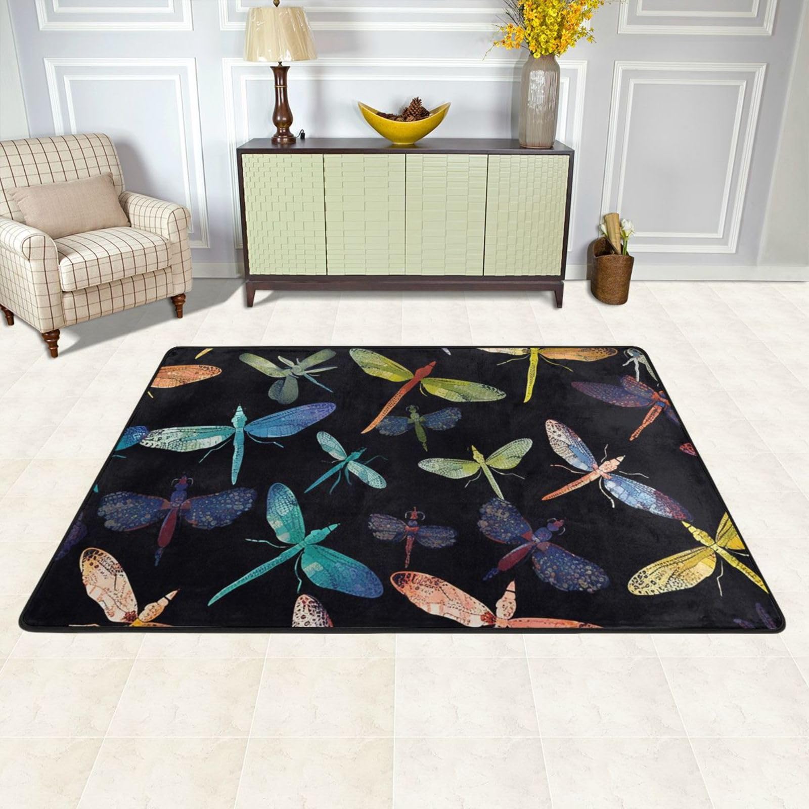 Tapis de sol pour salon et cuisine 183 x 122 cm au motif libellule