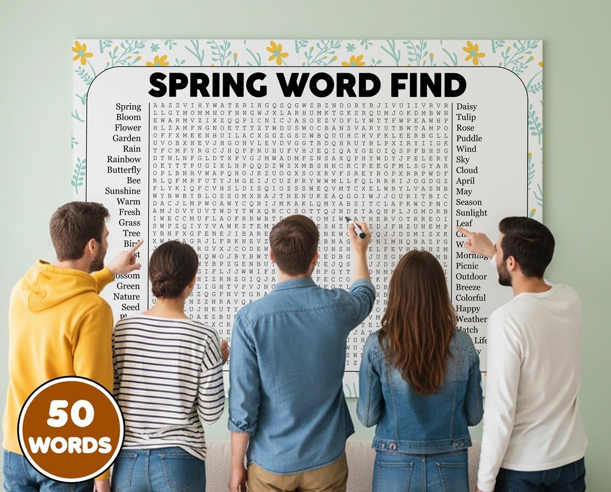 Spring Word Find, Giant Crossword Poster Puzzle, Large Gathering Activity, Minimalist Wall Decor, Multiple Sizes (36 x 48 inches)