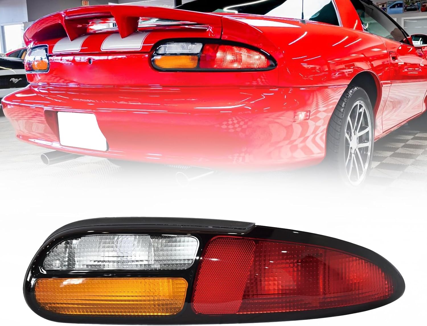 Tail Lights Compatible with 1993-2002 Chevy Camaro Z28 SS Rear Tail Light Assembly Four Bulb Holes Halogen Taillights W/O Bulb Chrome Housing Red+Clear Lens 16523691 16523692 (Right)