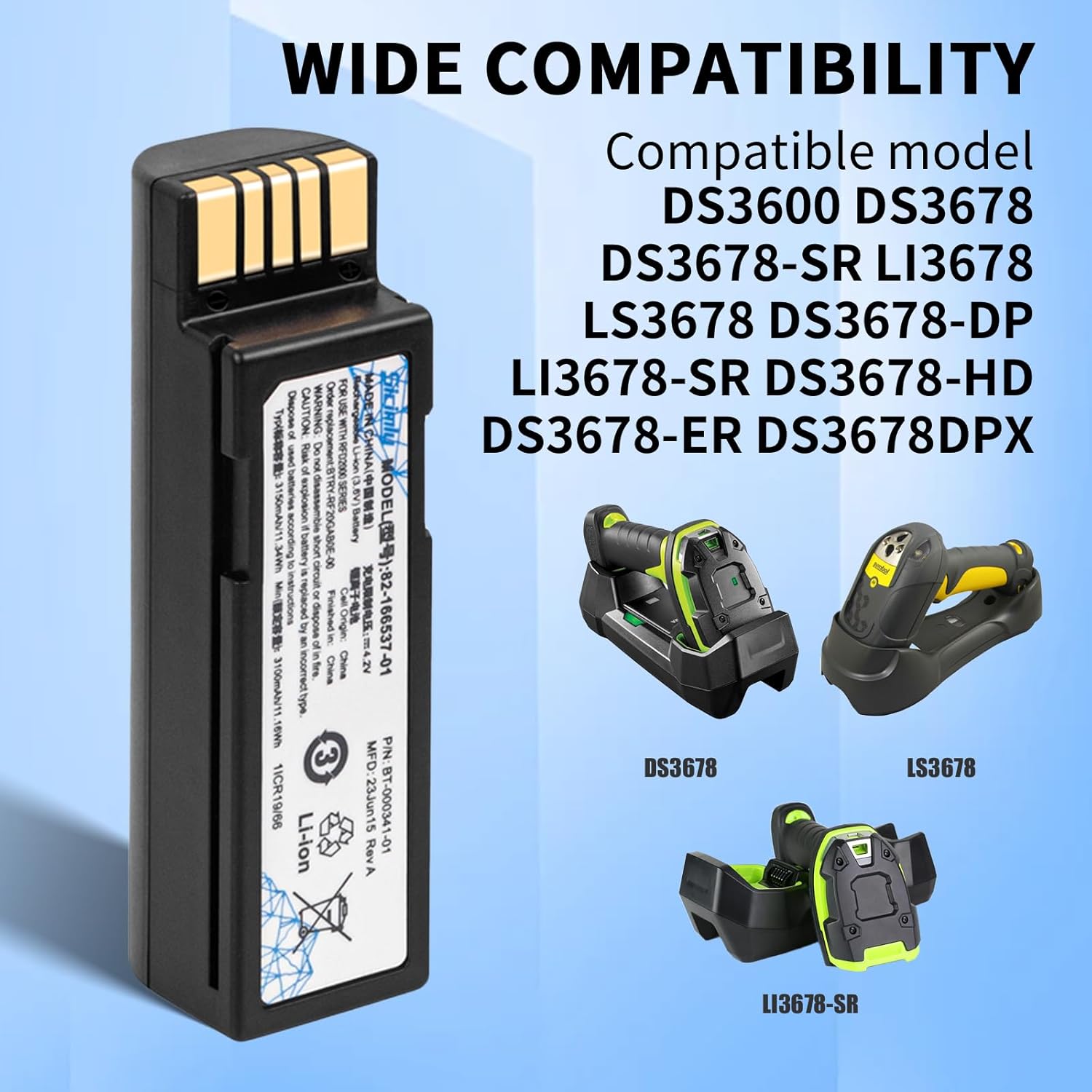 Sicimly for Zebra DS3600 Scanner Battery Replacement: DS3678 DS3600 LI3678 DS3678-SR DS3678-ER LS3678 LS3600 82-166537-01 BT-000341-01 BTRY-36IAB0E-00 BTRY-RF20GAB0E-00 Barcode Scanner 3150mAh