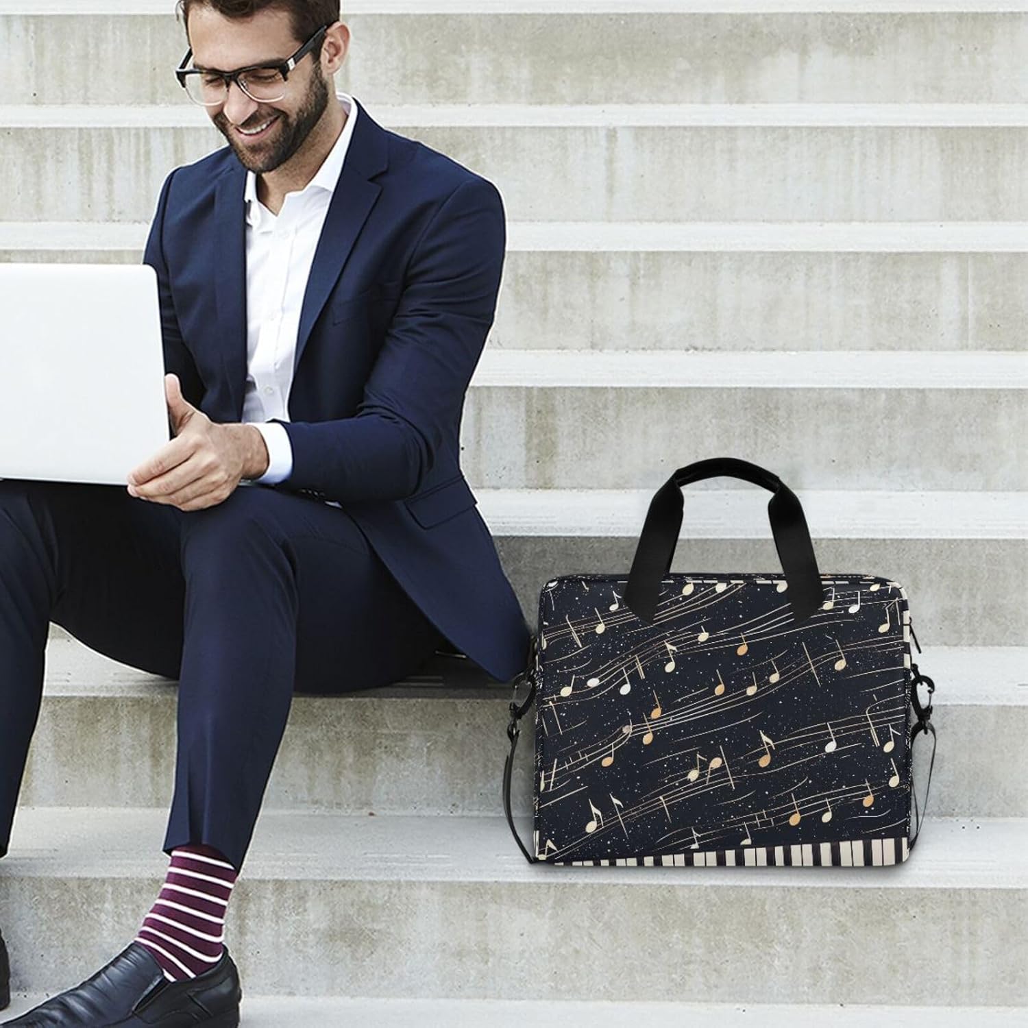 Music Musical Notes Piano 15.6 Inch Laptop Bag Briefcase for Business, Water-Resistant Computer Bag Fits 14-16 Inch Notebook for Men Women, Office Travel Work Backpack