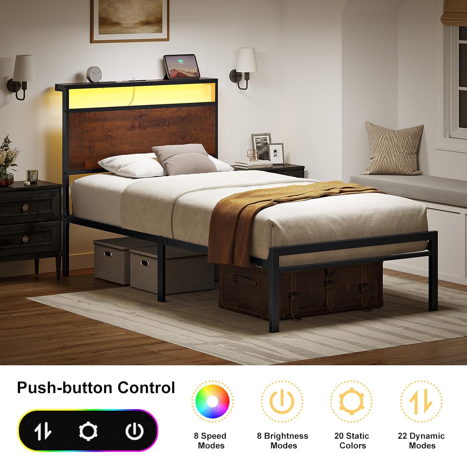 HAUSOURCE Twin Bed Frame with Headboard Bed Frame Twin Size Metal Bed with LED Lights Charging Station No Box Spring Needed Noise Free Easy Assembly - Image 4