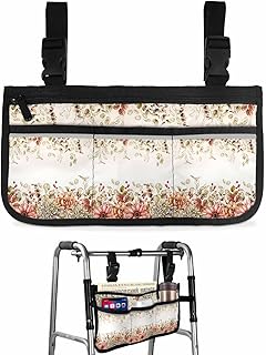 Eucalyptus Leaves Fall Wheelchair Side Bag Walker Bag, Farmhouse Dahlia Floral Botanical Wheelchair Accessories Armrest Pouch, Organizer Storage Bag for Walkers, Rollators, Scooters, 7.3'x13'