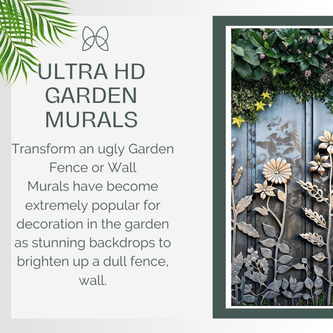 Mural Gardens Ultra HD Large width 360cm Waterproof Tapestry 3d Backdrop - Metallic Floral Fence Curtain Panel Design , Premium 160gsm Polyester - Privacy Screen