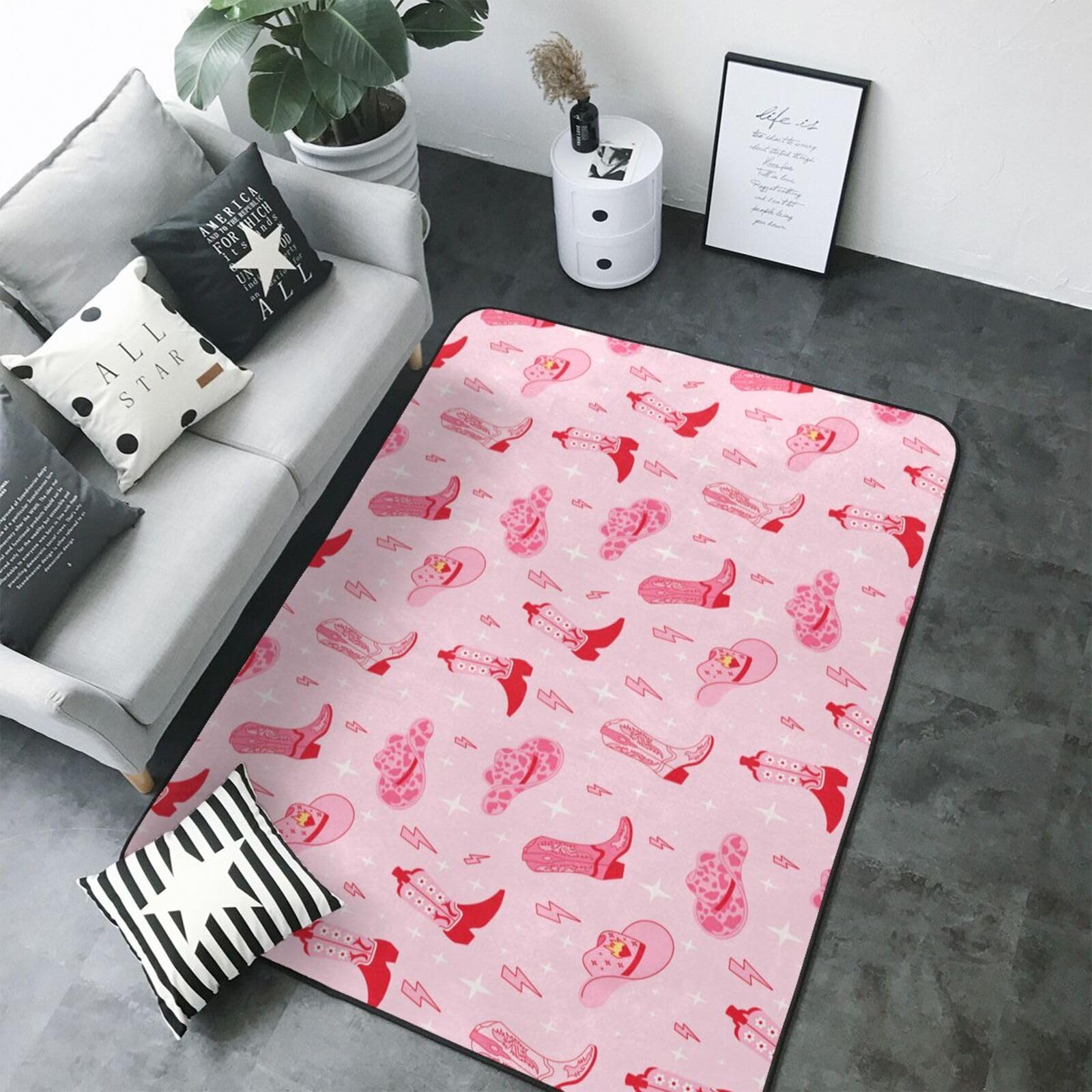 Tapis de chambre fille rose lavable pour une déco bottes de cowgirl