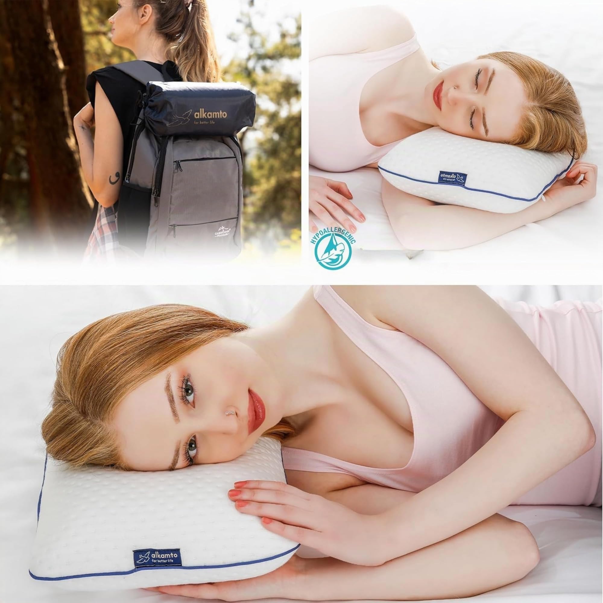 alkamto Cuscino da viaggio – Supporto ergonomico per il collo da campeggio in memory foam con federa termoregolante – Borsa da viaggio impermeabile inclusa