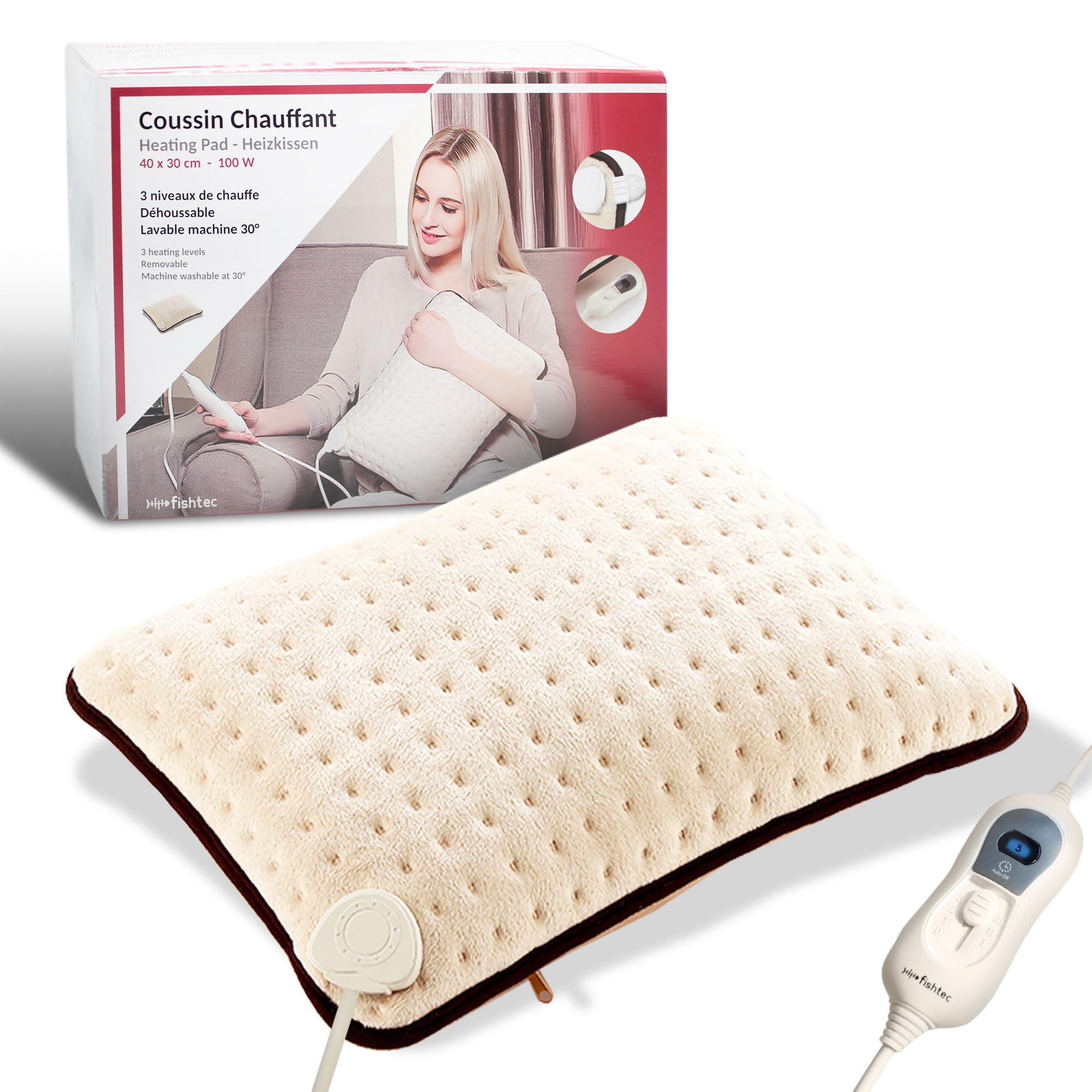 FISHTEC Coussin Chauffant Warm Cosy - Polaire Ultra Douce 40 x 30 cm - 3 Niveaux de Température - Télécommande Amovible - Lavable en Machine