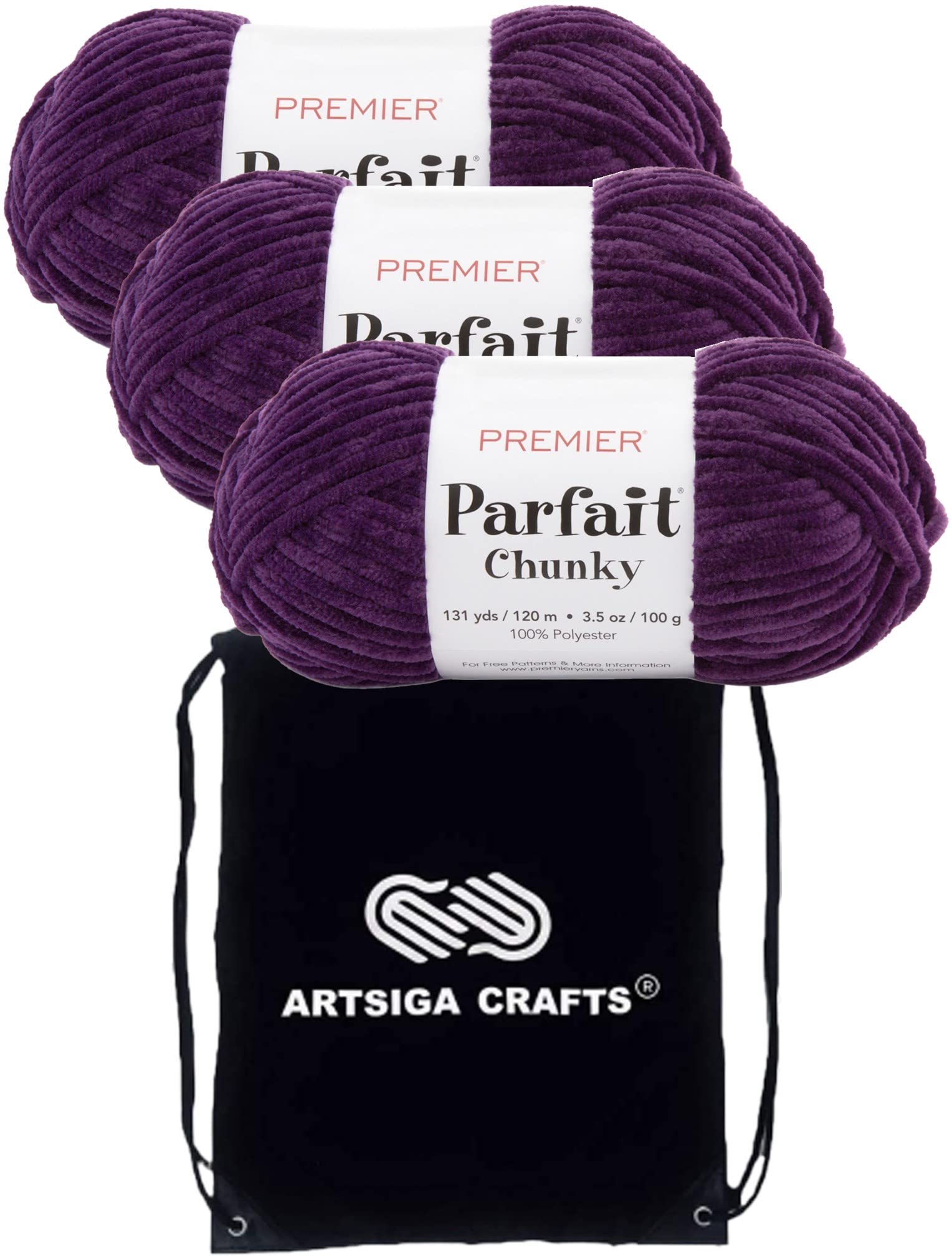 Hilo Parfait Chunky Berenjena Premier Yarns 3 madejas para tejer amigurumis suaves con bolsa