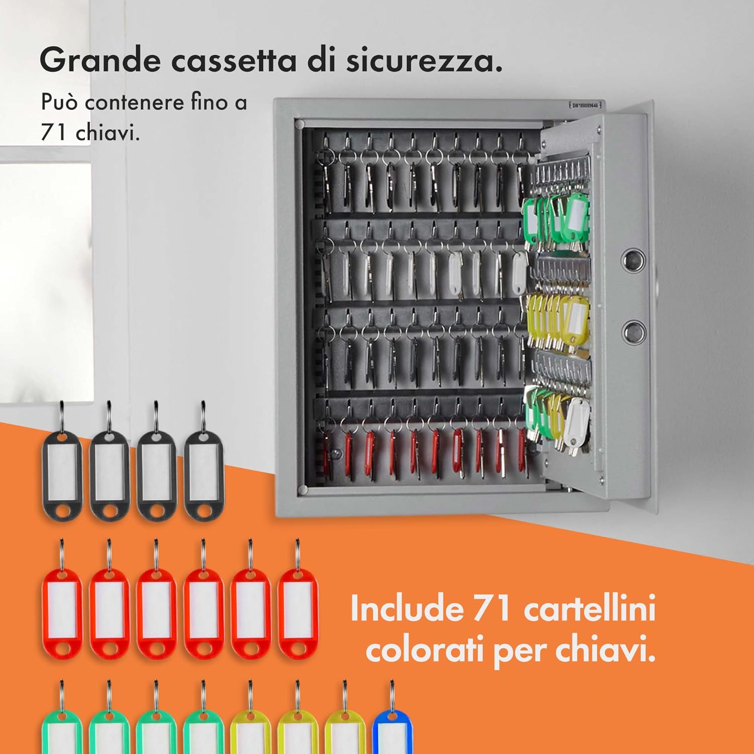 Image showing the open key safe with keyrings and colored labels, highlighting its 71-key capacity.