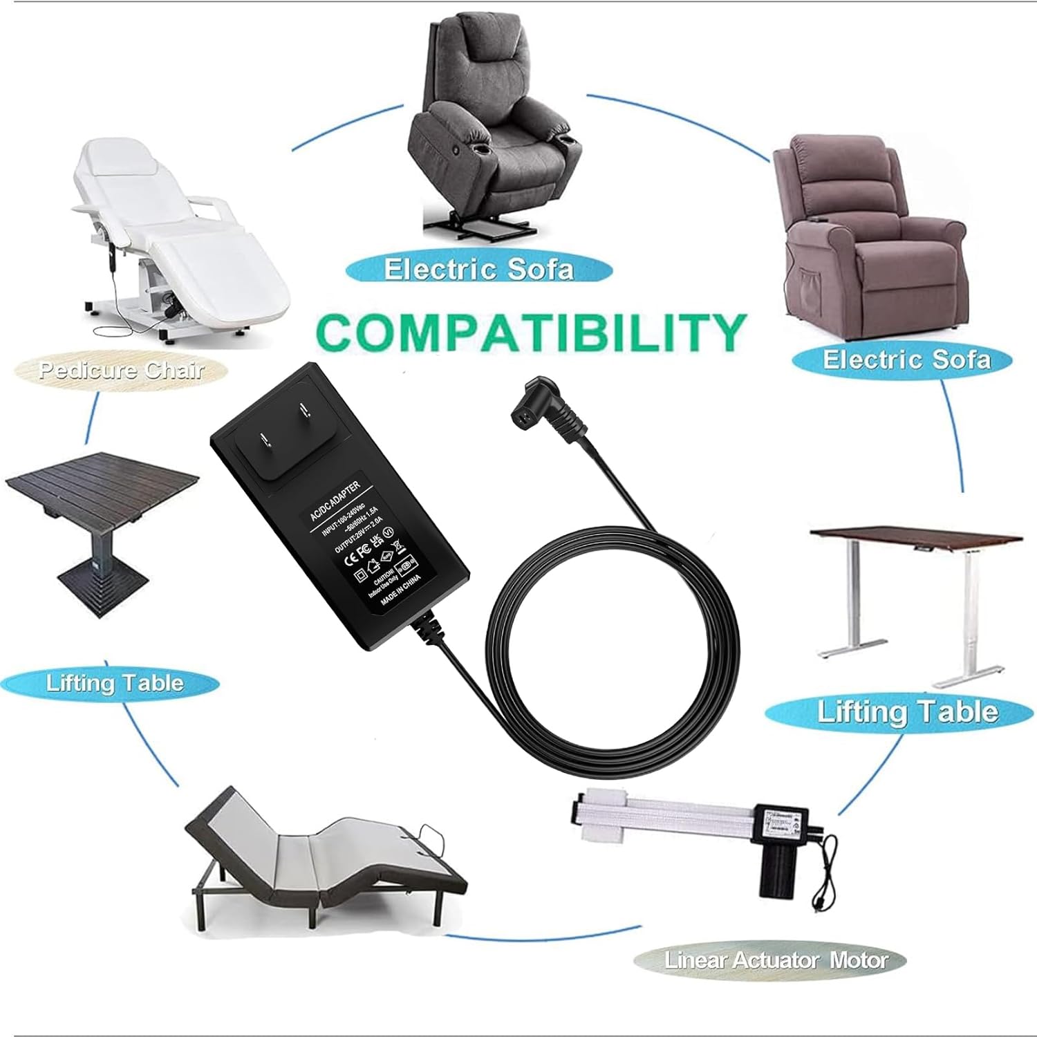 Electric Recliner Power Supply, Suitable for Lifting Chairs, Recliner Sofas, 29V 2A wall Plug-in tilt Adjuster Power AC/DC Power Supply, Compatible with Most Models FS2900-2000 ZB-H290020A-C ZBPOWER