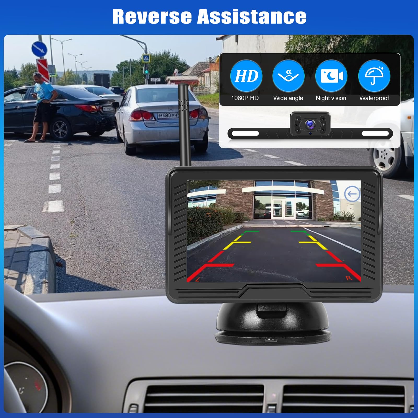 OiLiehu Kabellose AHD Rückfahrkamera Set 1080P Funk-Rückfahrkamera mit 4,3" Monitor IP68 Wasserdicht Infrarot-Nachtsicht Digitales Signal-Backup-System DC 12V