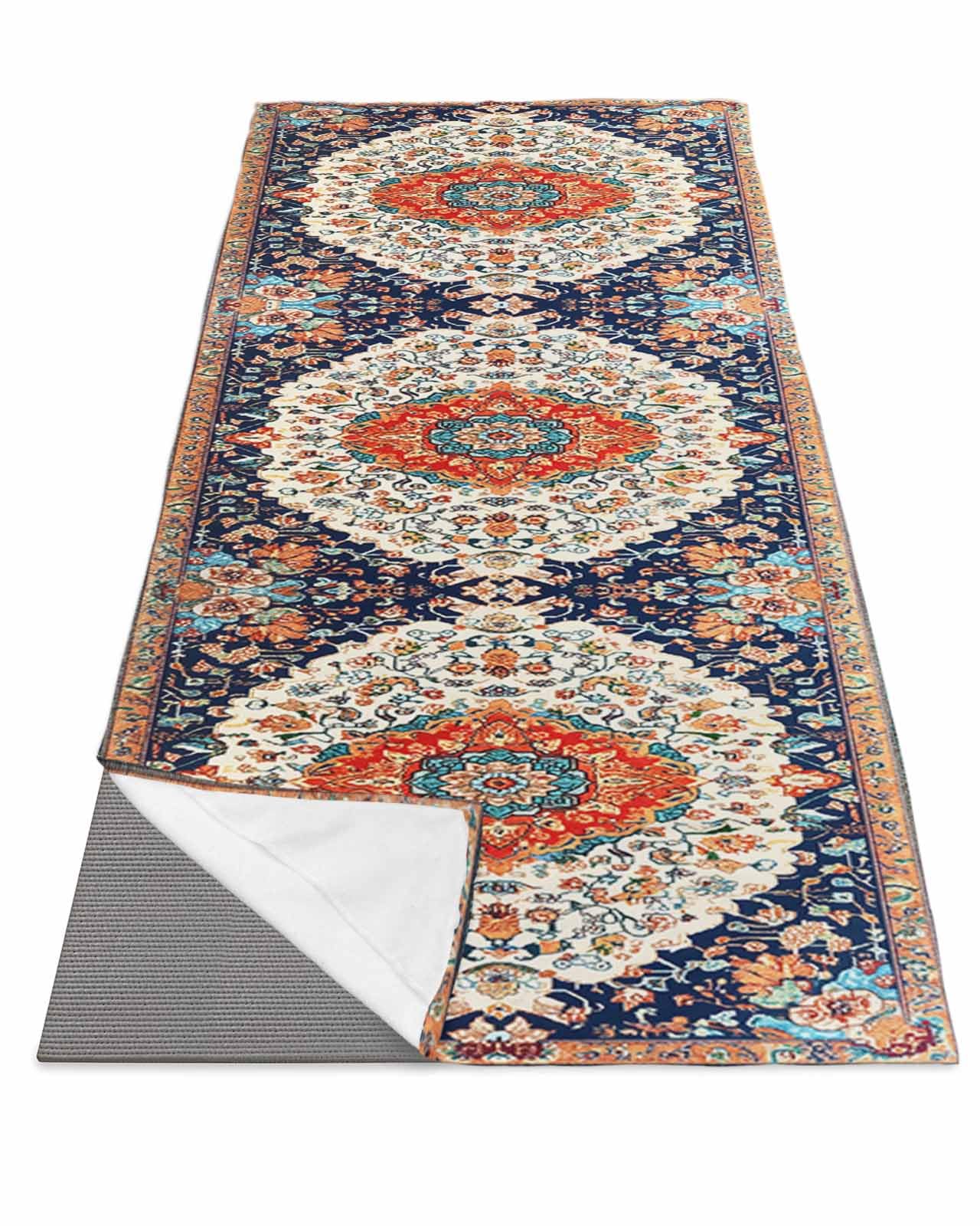 DecorLovee Yoga Mat Towel for Hot Yoga, Orange Blue Boho Absorb Sweat Microfiber Yoga Towel Non Slip Yoga Mat Towel with 4 Corner Pockets for Bikram, Vintage Ethnic Geometric Abstract 26