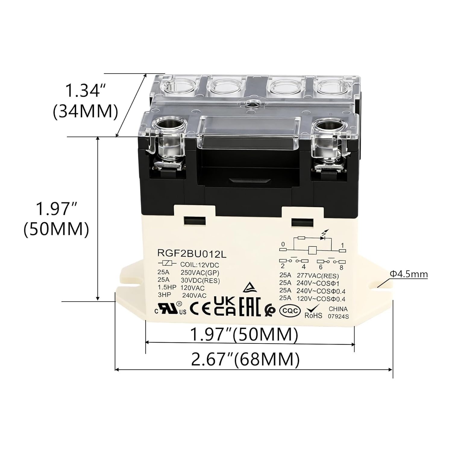 General Purpose Relay, RGF2BU012L, 25A 12VDC Coil Voltage, 6Pin Double Pole Single Throw Normally Open Contacts, with LED Indicator Light and Protection Cover (2)