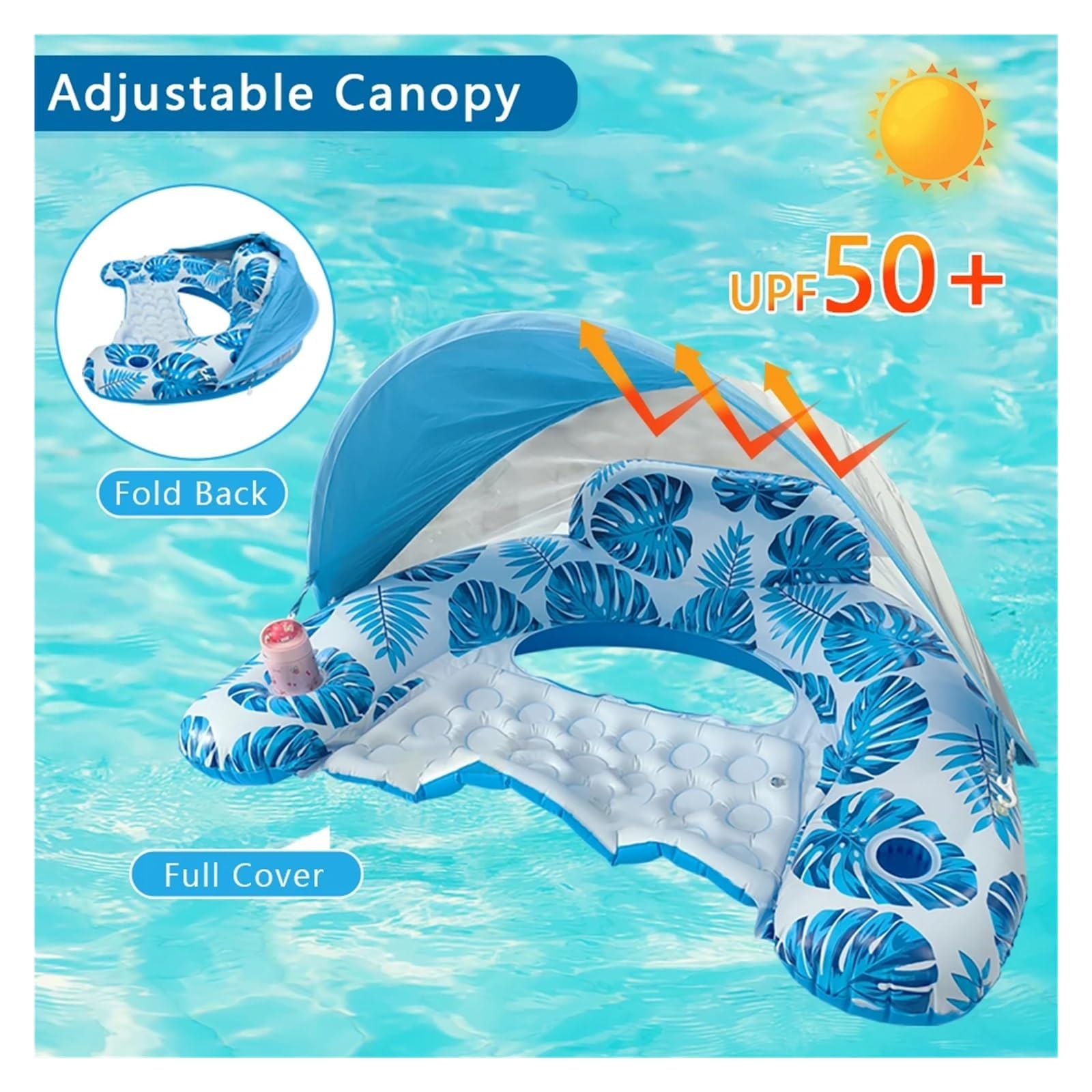 Hamac Gonflable Piscine 110 * 92 * 69cm Longue Gonflable pour Piscine avec Porte-Gobelet et auvent Amovible,Hamac d’Eau Plage Portable pour Adultes Jardin,Plage,Piscine