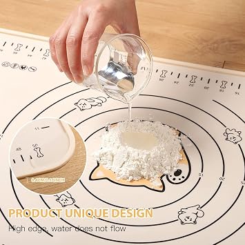 Silicone Pastry Mat 24*16 Extra Thick Non Stick Baking Mat Food Grade Silicone Dough Rolling Bake Mat with Edge Heightening Cartoon Beige