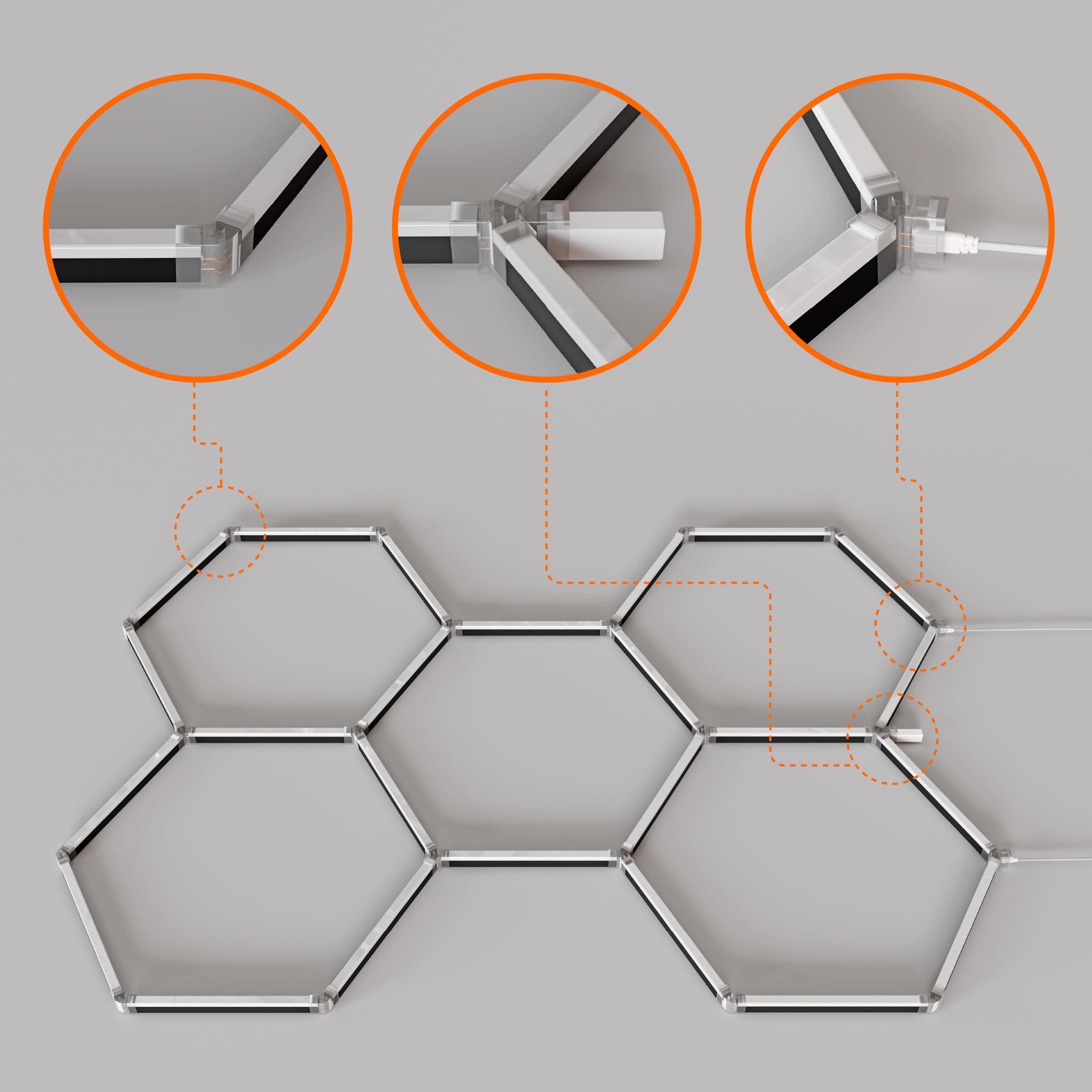 Hexagon LED Deckenlampe 205x142 cm – 24er Set Werkstattbeleuchtung 144W 16560lm – RGB – IP54 flimmerfrei – LED Garagenbeleuchtung, Tattoo, Detailing, Schwarz, APP, (205 x 142CM, RGB, 144W)