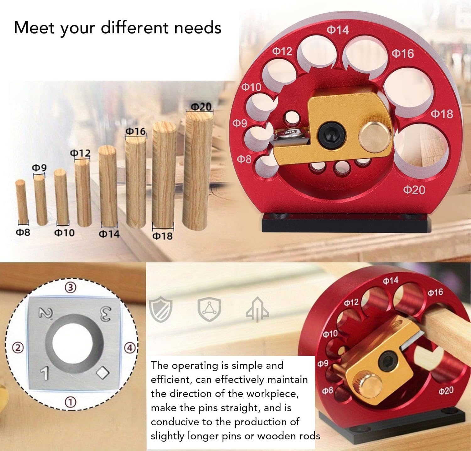 Carpenter Dowel Maker, Electric Drill Milling Dowel with Adjustable 8 Holes Carbide Inserts, Aluminum Alloy Round Rod Auxiliary Tool for Wooden Rods Sticks Woodworking