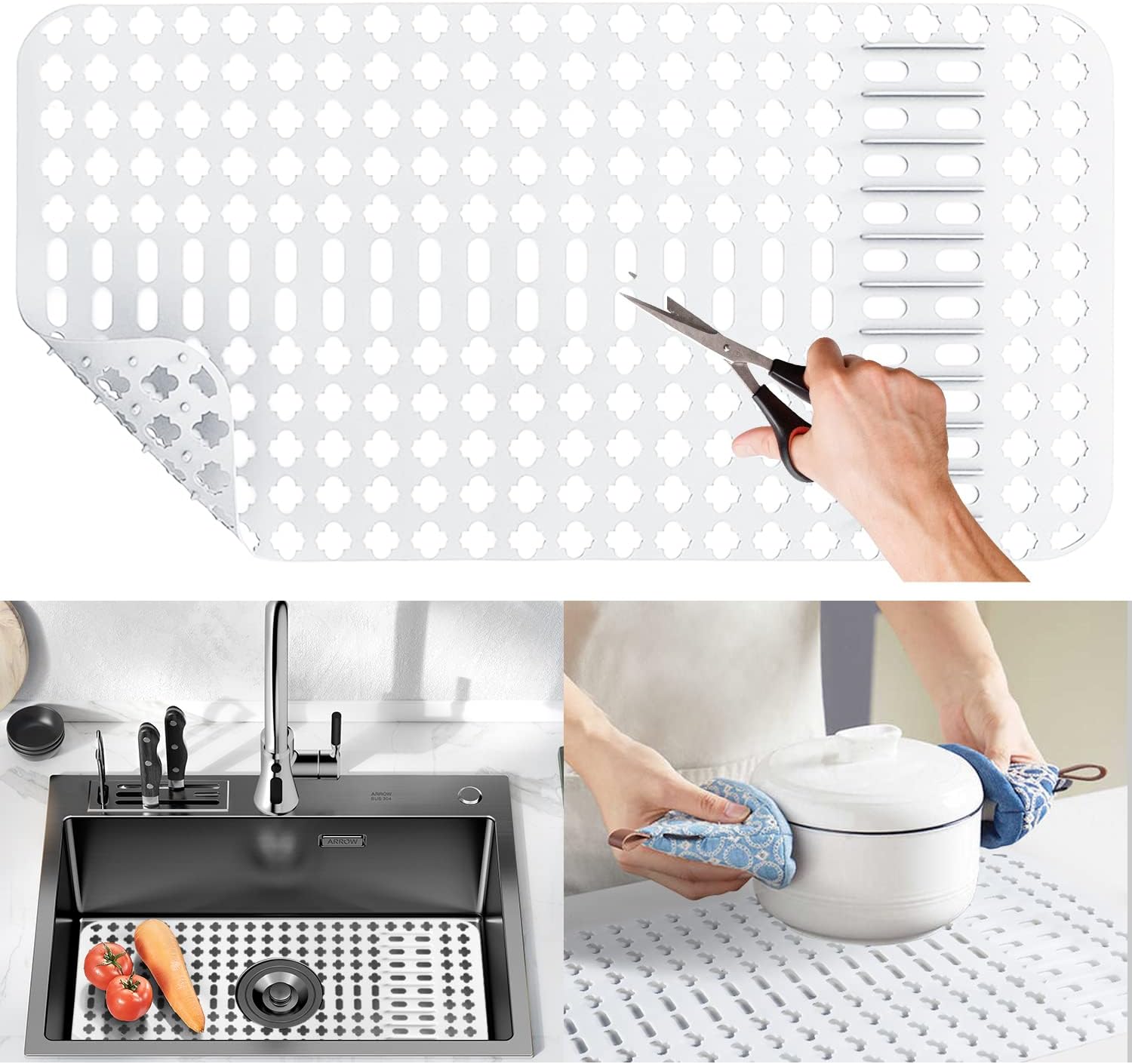Moryimi Large White Silicone Sink Mat and Protector with Cutout Drain Holes for Kitchen Farmhouse Stainless Steel Ceramic Sinks 25"x13"