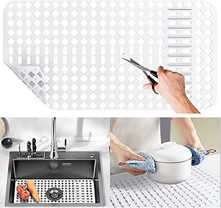Large White Silicone Sink Mat and Protector With Cutout Drain Holes for ...