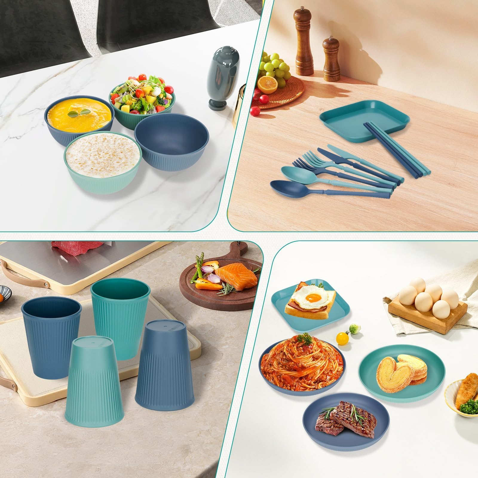 Juego de Vajilla de 55 Piezas para 4 Personas,Vajilla de Plástico, Reutilizado Vajilla Irrompible,Cuencos y Platos para Cena, Picnic, Camping, Barbacoa