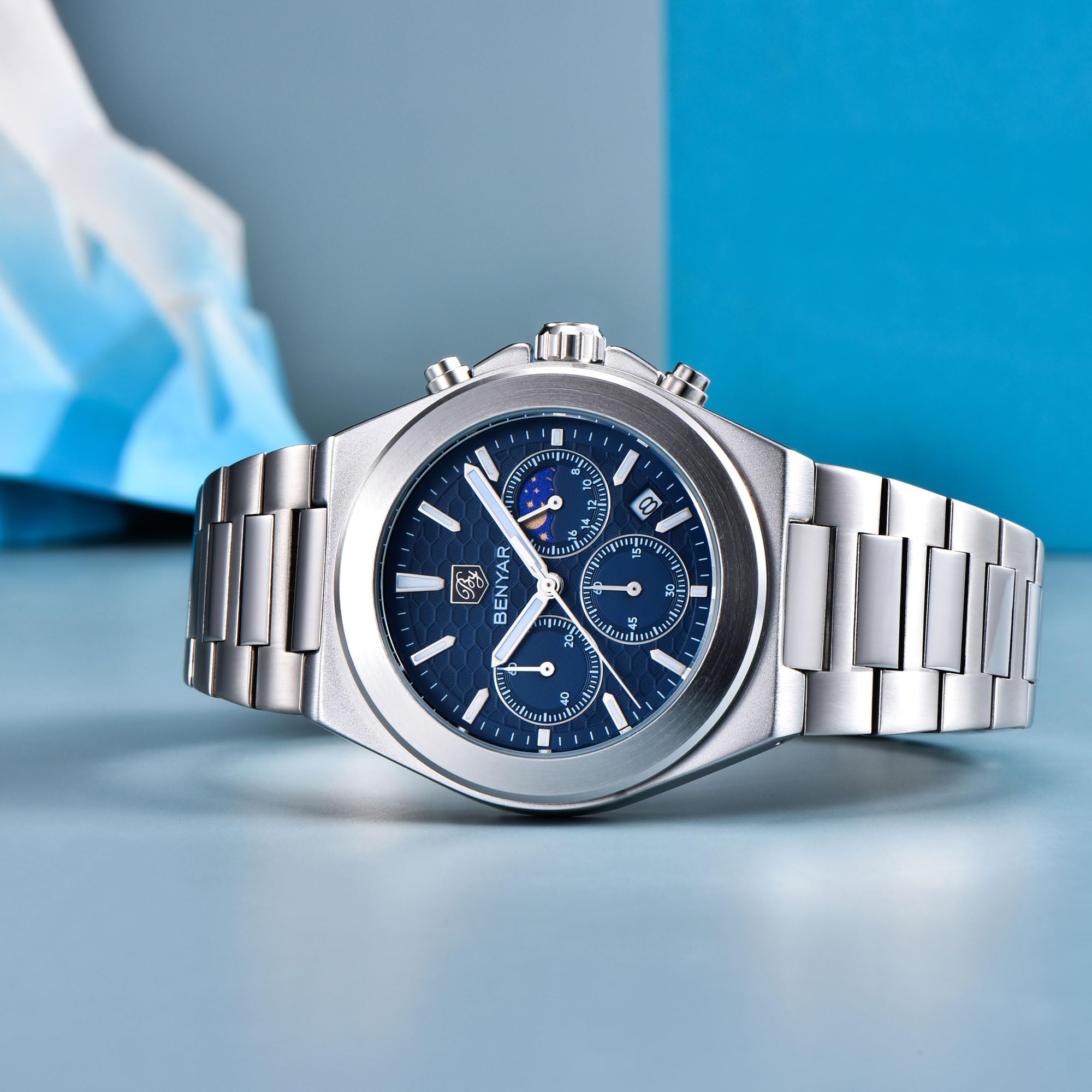 BENYAR BY-5220m - Orologio da polso da uomo, cronografo da uomo, con fasi lunari, impermeabile, 40 mm, in acciaio inox, analogico, al quarzo