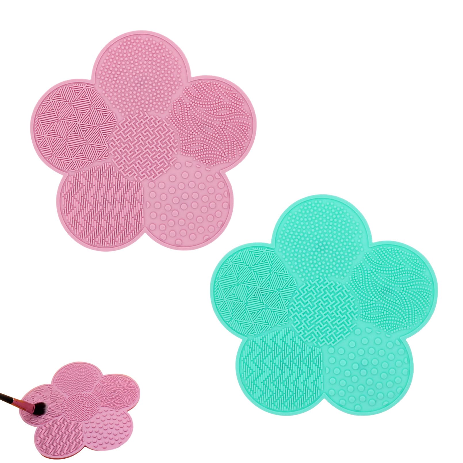 2 Paquetes de Alfombrilla de Limpiador de Brochas de Maquillaje de Silicona,Alfombrilla Limpiador de Brochas con Forma de Flor,Limpiar Brochas Maquillaje Portátil con Ventosa (Verde,Rosa)