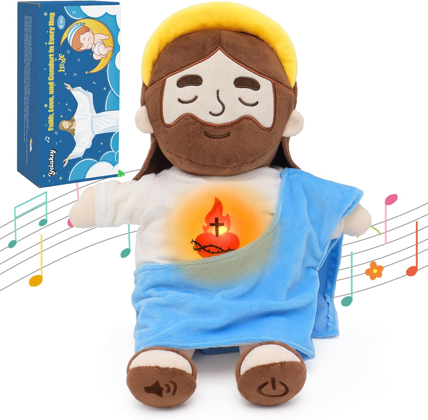Yelakey Soothing Jesus Plush Toys with Light & Sound, 15" Jesus Stuffed Breathing Plushy Doll, Christian Catholic Religious Plushie Christmas Easter Gifts for Kids Baby (Blue)