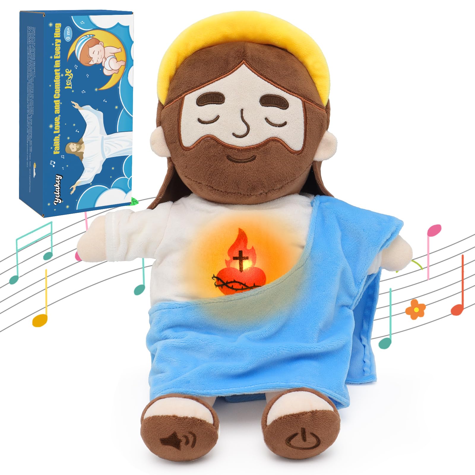 Photo 1 of Yelakey Soothing Jesus Plush Toys with Light & Sound, 15" Jesus Stuffed Breathing Plushy Doll, Christian Catholic Religious Plushie Christmas Easter Gifts for Kids Baby (Blue)