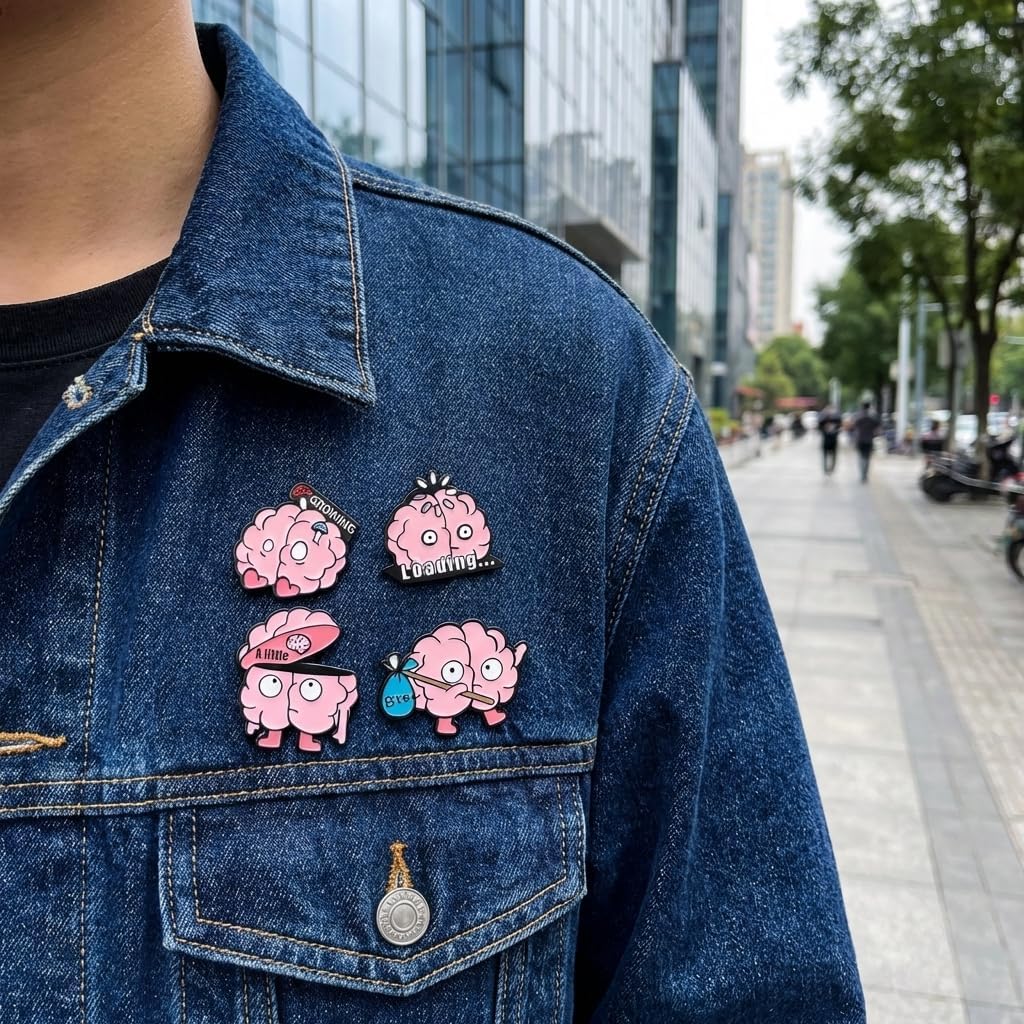 4PCS Funny Cartoon Brain Enamel Pins Set - Loading Growing Bye A Little Novelty Brooches for Backpacks Jackets Hats Bags, Humorous Zinc Alloy Badges for Men Women