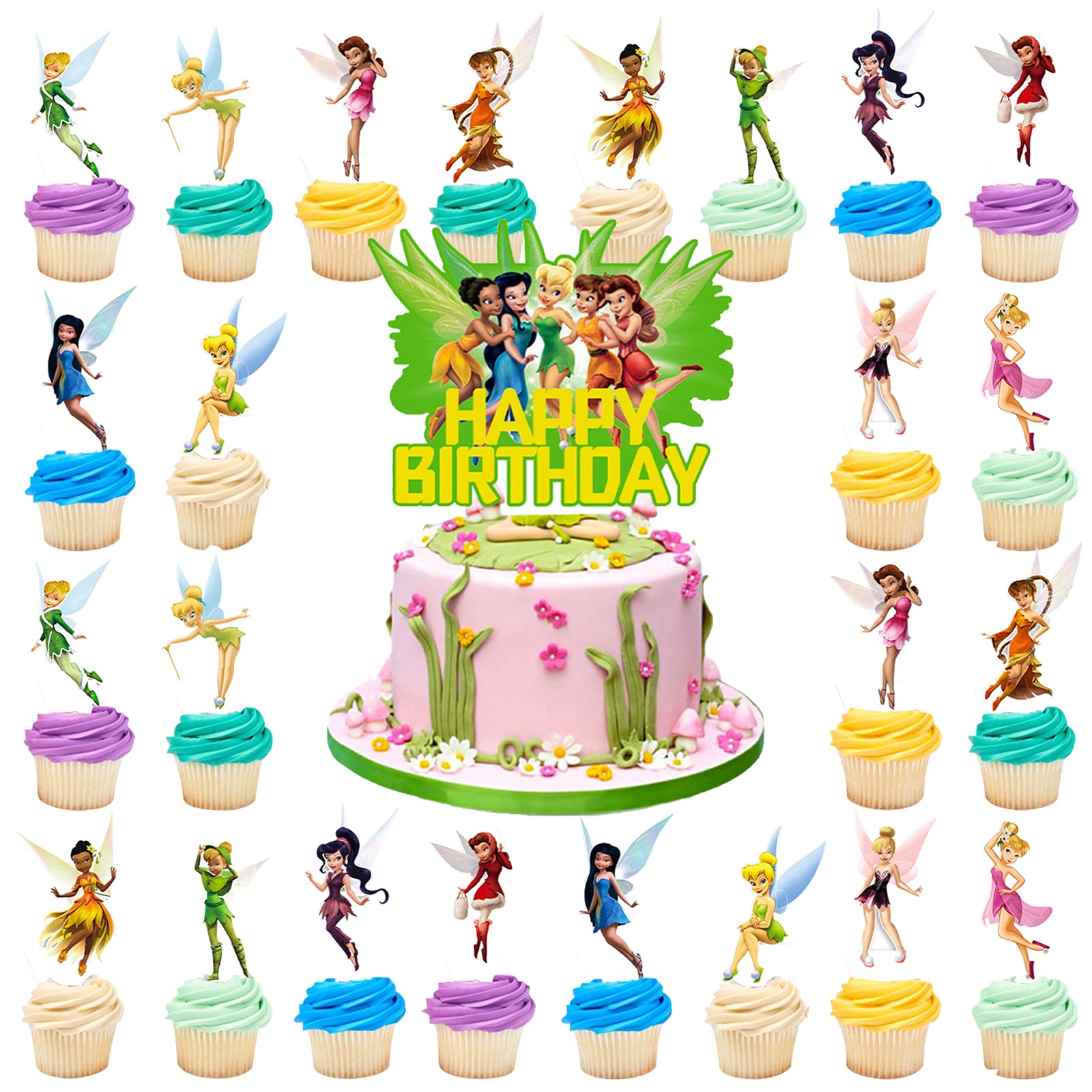 Tinkerbell Birthday Party Decorations, 25 Pieces Tinkerbell Fairy Birthday Cake Topper, Fairy Princess Cupcake Toppers for Kids (Boys/Girls) — Tinkerbell Party Supplies Table Decoration