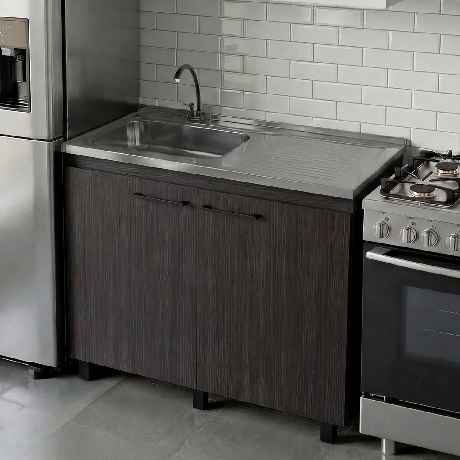 Tuhome Napoles Utility Sink with Cabinet, Stainless Steel Countertop, Interior Storage Shelf, Wide Dual-Door Base Cabinet,Modern Multi-Purpose Laundry and Kitchen Utility Station for Home Organization