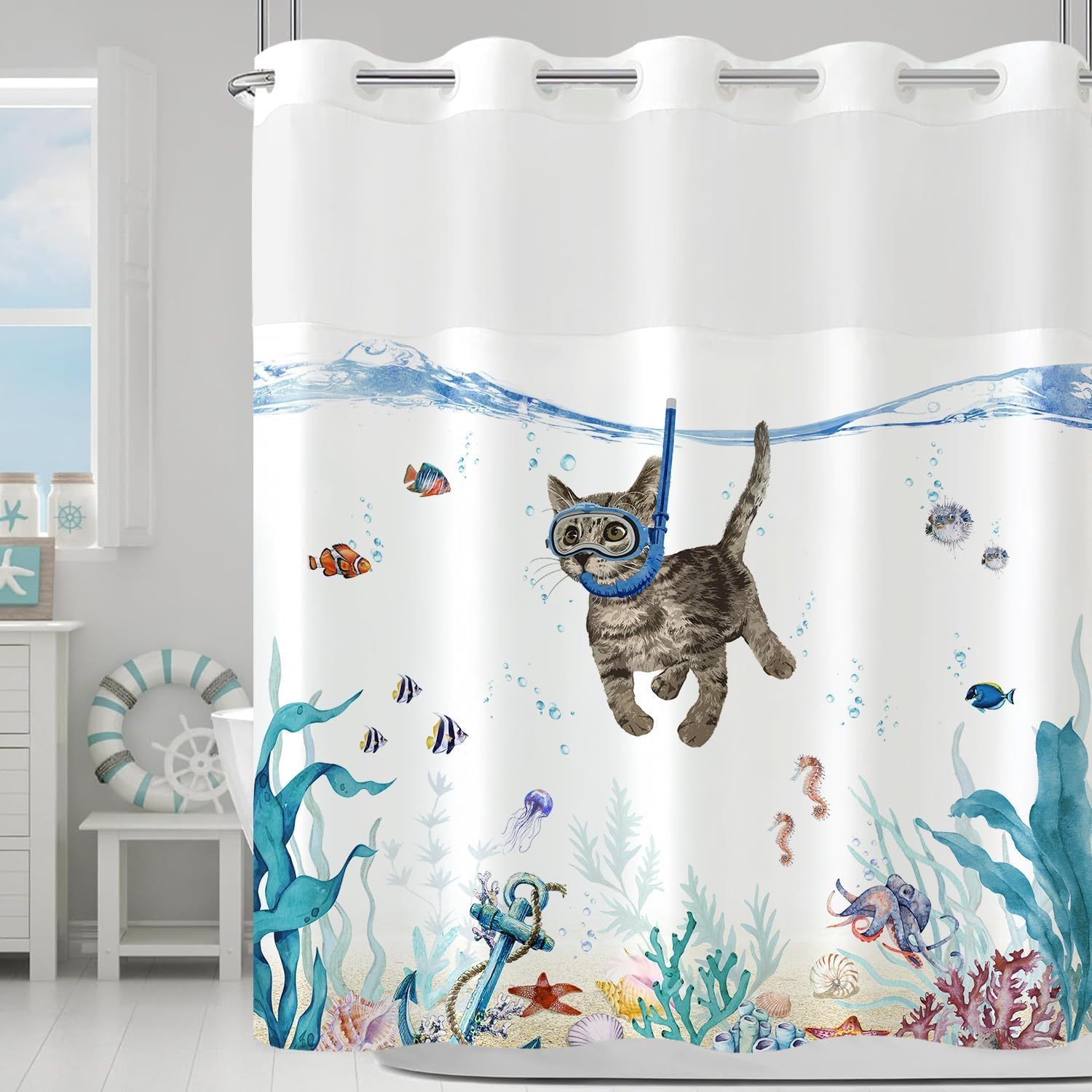 No Hook Shower Curtain with Snap in Liner, Funny Cat Nautical Animal Octopus Starfish Turtle Fish Curtains Set with Waterproof Inner Liner for Bathroom, Teal Blue Cute Sea Ocean 72×74 inches
