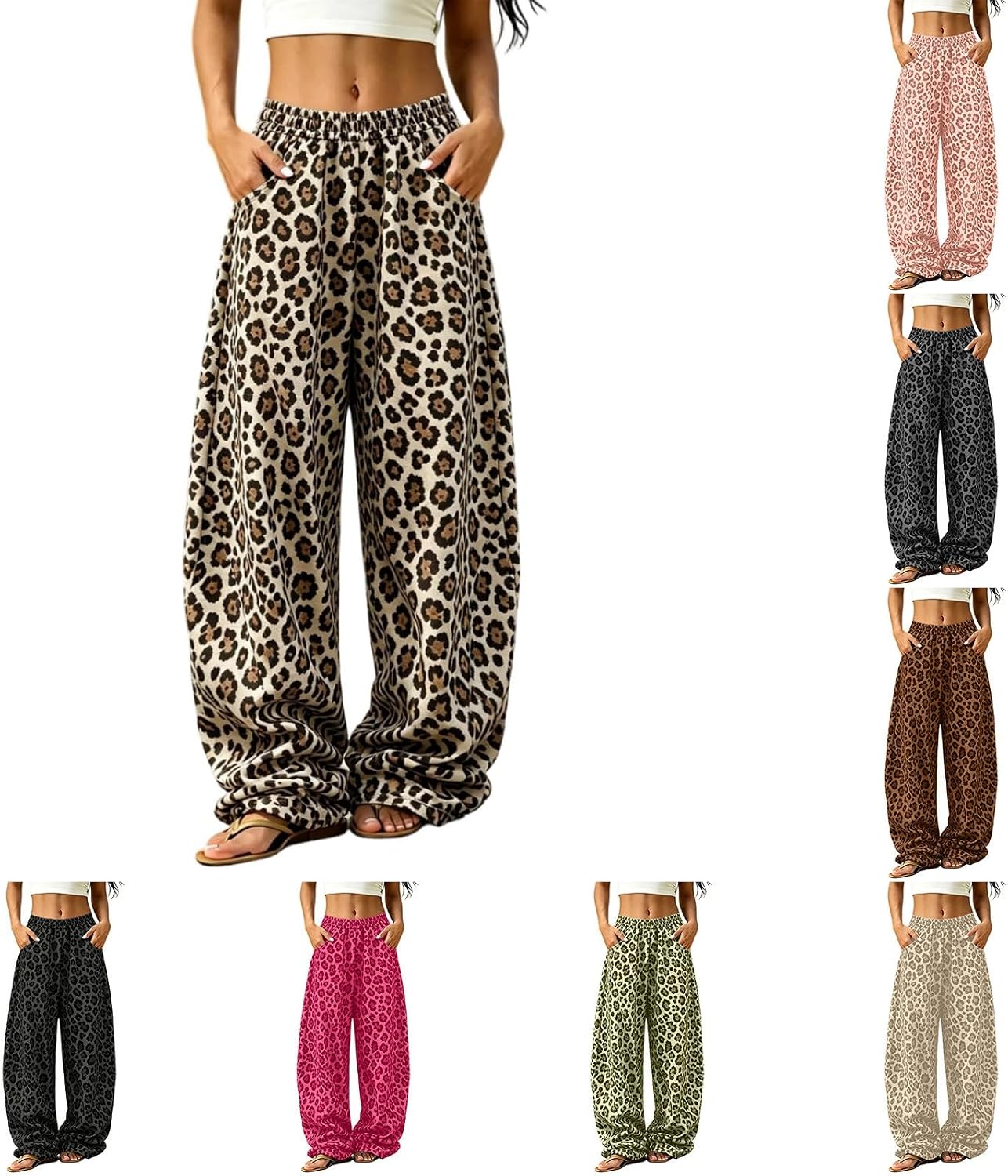 Women Leopard Print Barrel Sweatpants Elastic Waist Wide Leg Lounge Pants
