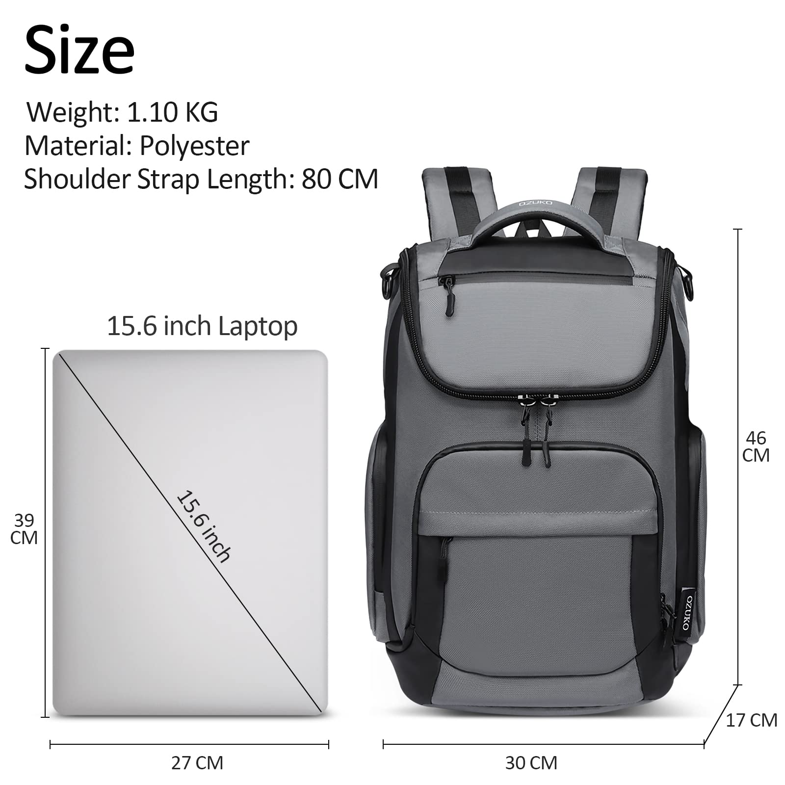 VARLIVOO Uomo Zaino 15.6" Laptop Zainetto Alta Capacità Borse Lavoro Viaggio Scuola Università Campeggio Antifurto Zaino Impermeabile Polyester Grigio