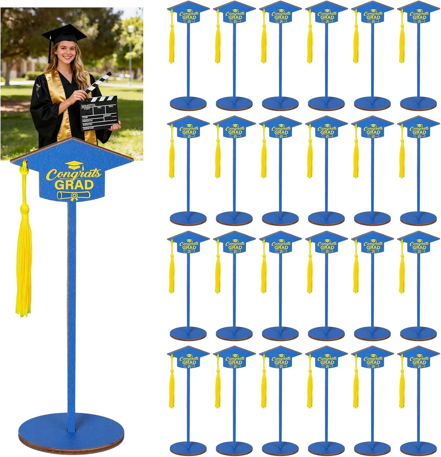 24 Pcs Graduation Cap Photo Holder with Wooden Base Wire Picture Clip Blue Grad Table Number Holders Bulk Graduation Cap Decorative Card Holder for Class of 2026 Centerpieces Grad Party Supplies