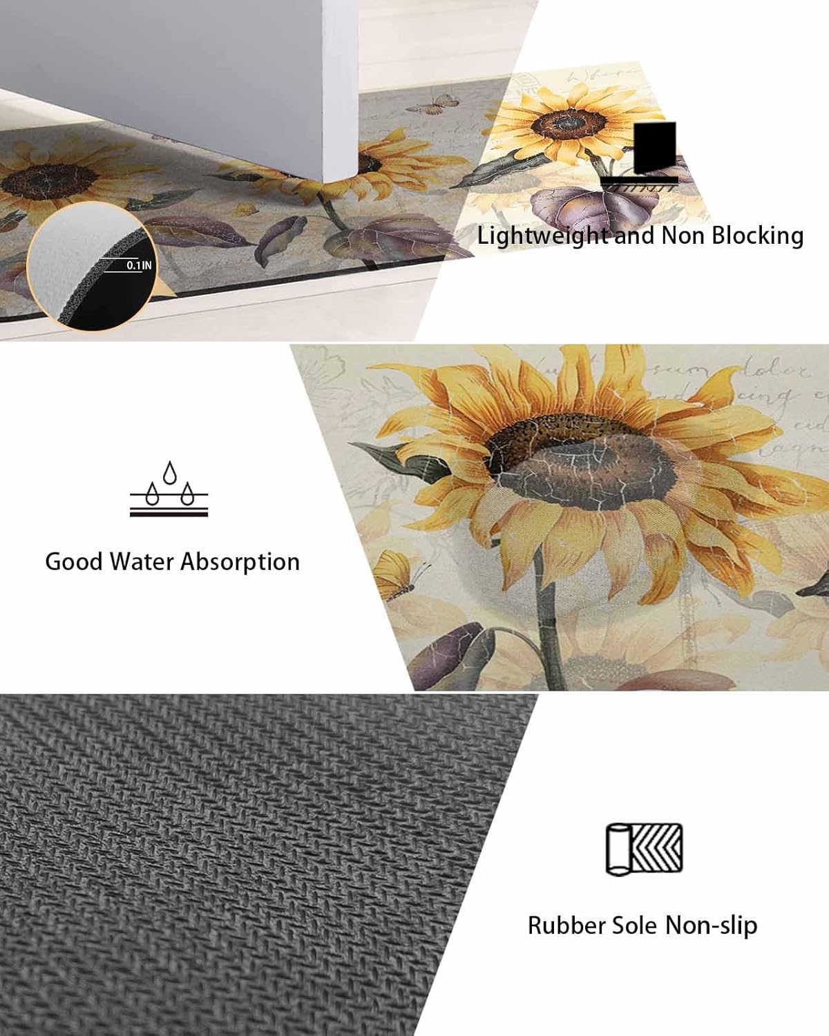 Bath Rugs Bathroom Rug,Retro Yellow Sunflower Butterfly Absorbent Diatomaceous Earth Bath Mat Quick Drying Non-Slip Washable Shower Mat,American Pastoral Floral Stamp Doormat for Bathtub 20x32in