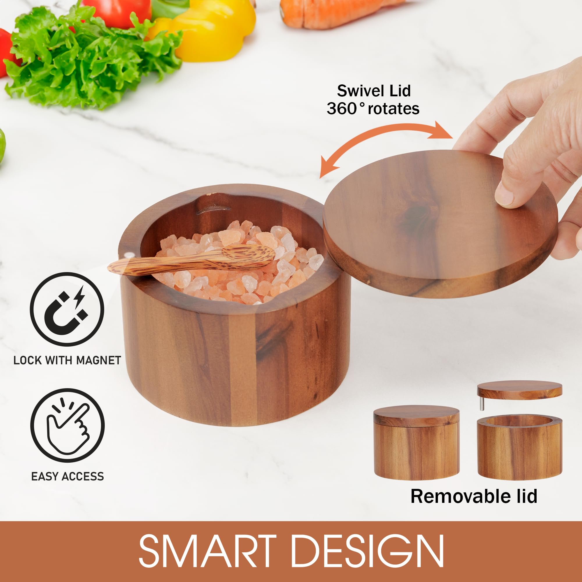 Bodega de sal de 9 onzas con cuchara y tapa giratoria, caja de sal y especias de madera de acacia, tarro de madera para cocina, perfecto para almacenar sal de mesa, sales gourmet, hierbas o tus