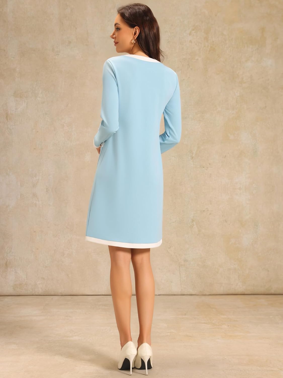 Women's Elegant A-Line Dress Contrast Color V Neck Long Sleeve 2025 Trendy Work Dresses - Image 5