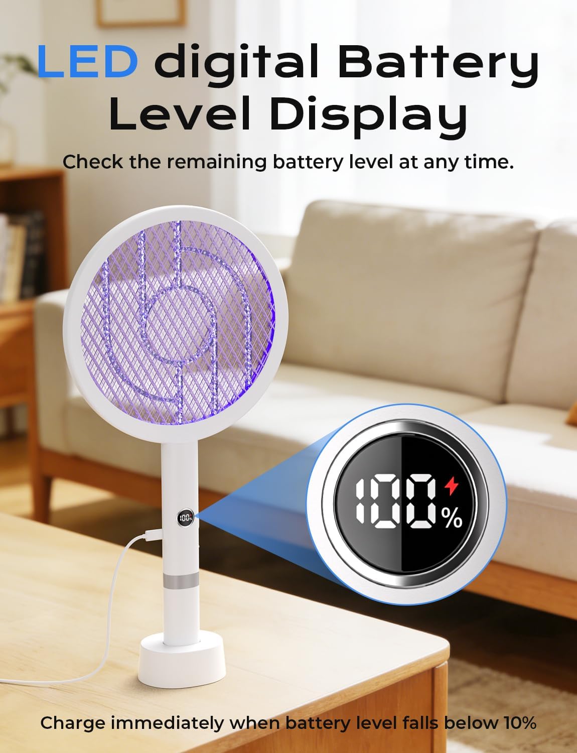 YISSVIC Electric Fly Swatter Bug Zapper Racket 4000V LED Screen Dual Modes Fly Zapper Rechargeable for Indoor Home Office Backyard Patio Camping (White)